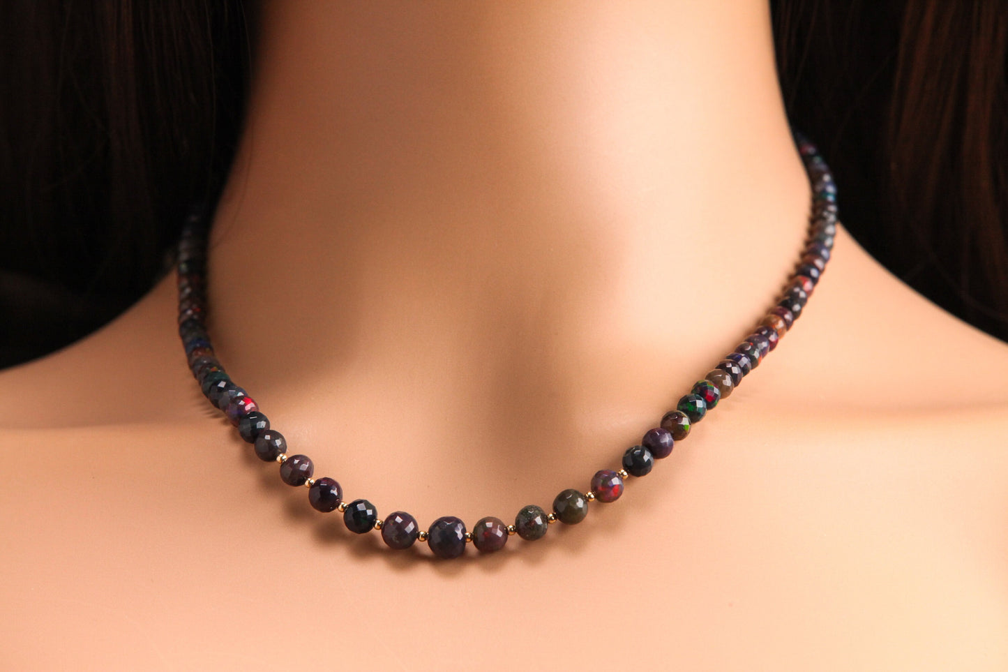 Natural Black Ethiopian Welo Fire Opal Faceted Round 3-7mm Graduated Necklace. 14K Gold Filled Necklace