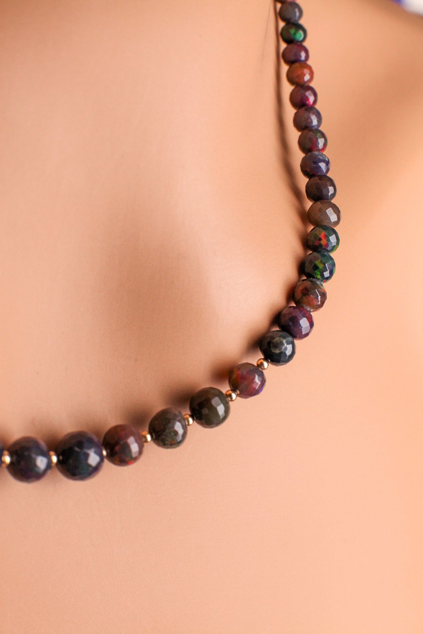 Natural Black Ethiopian Welo Fire Opal Faceted Round 3-7mm Graduated Necklace. 14K Gold Filled Necklace