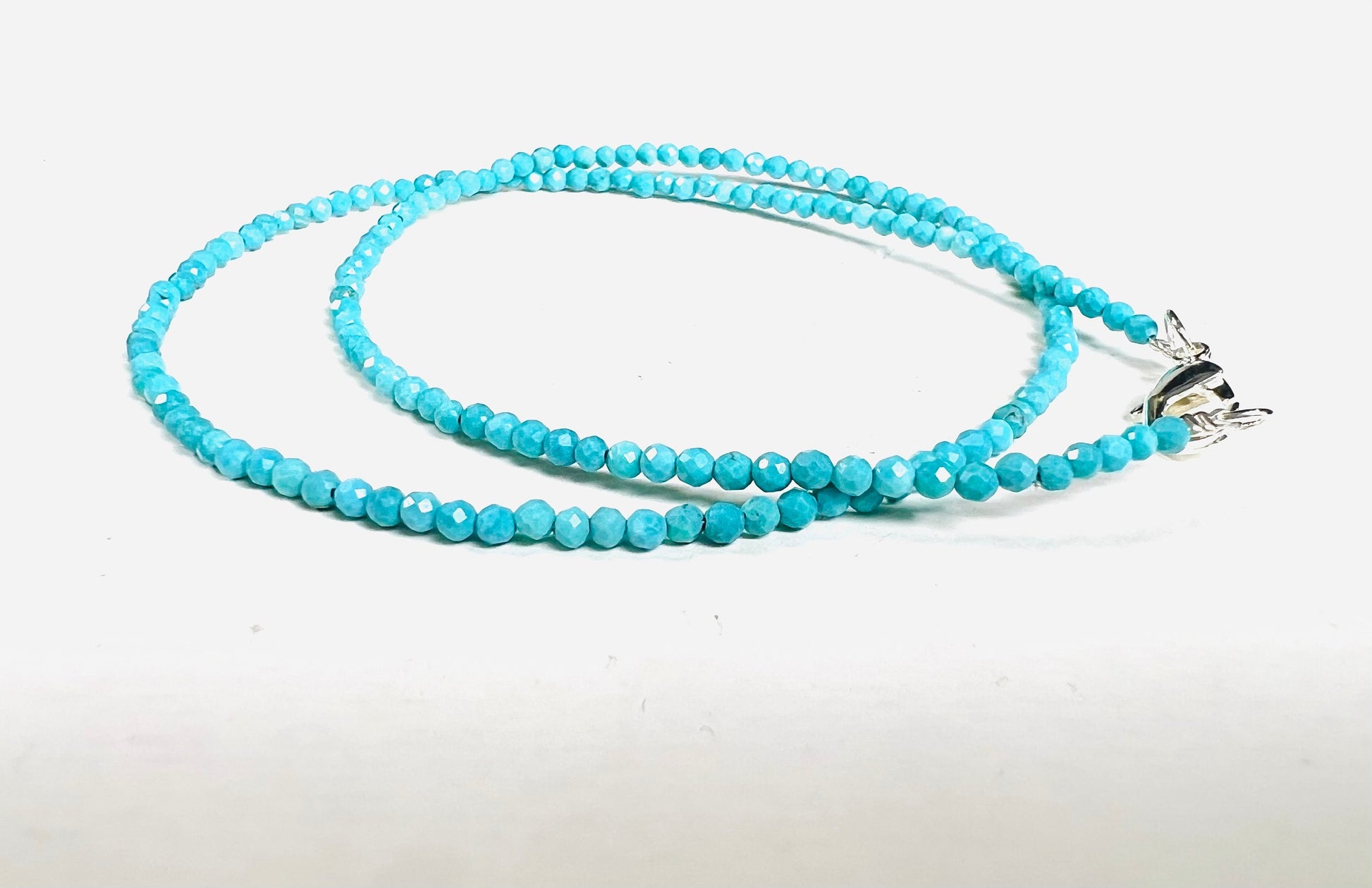 Natural Blue Turquoise Sleeping Beauty 2mm Faceted Round Silver Clasp Dainty Choker Layering Elegant Necklace, December Birthstone