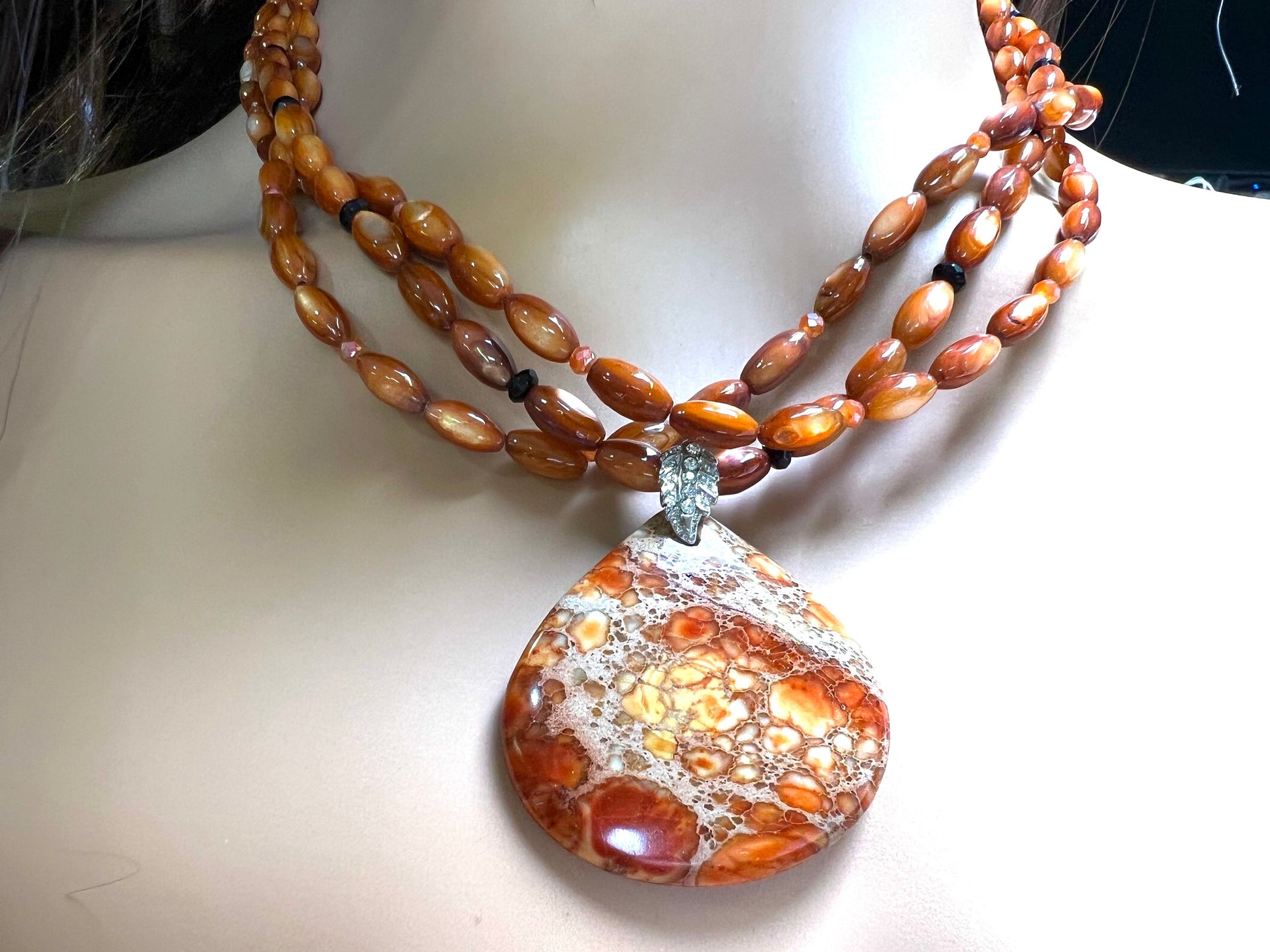 Natural Aqua Terra Jasper large drop Pendant with brown mother of pearl rice oval , black onyx Spacer Beads 3 Line Necklace.