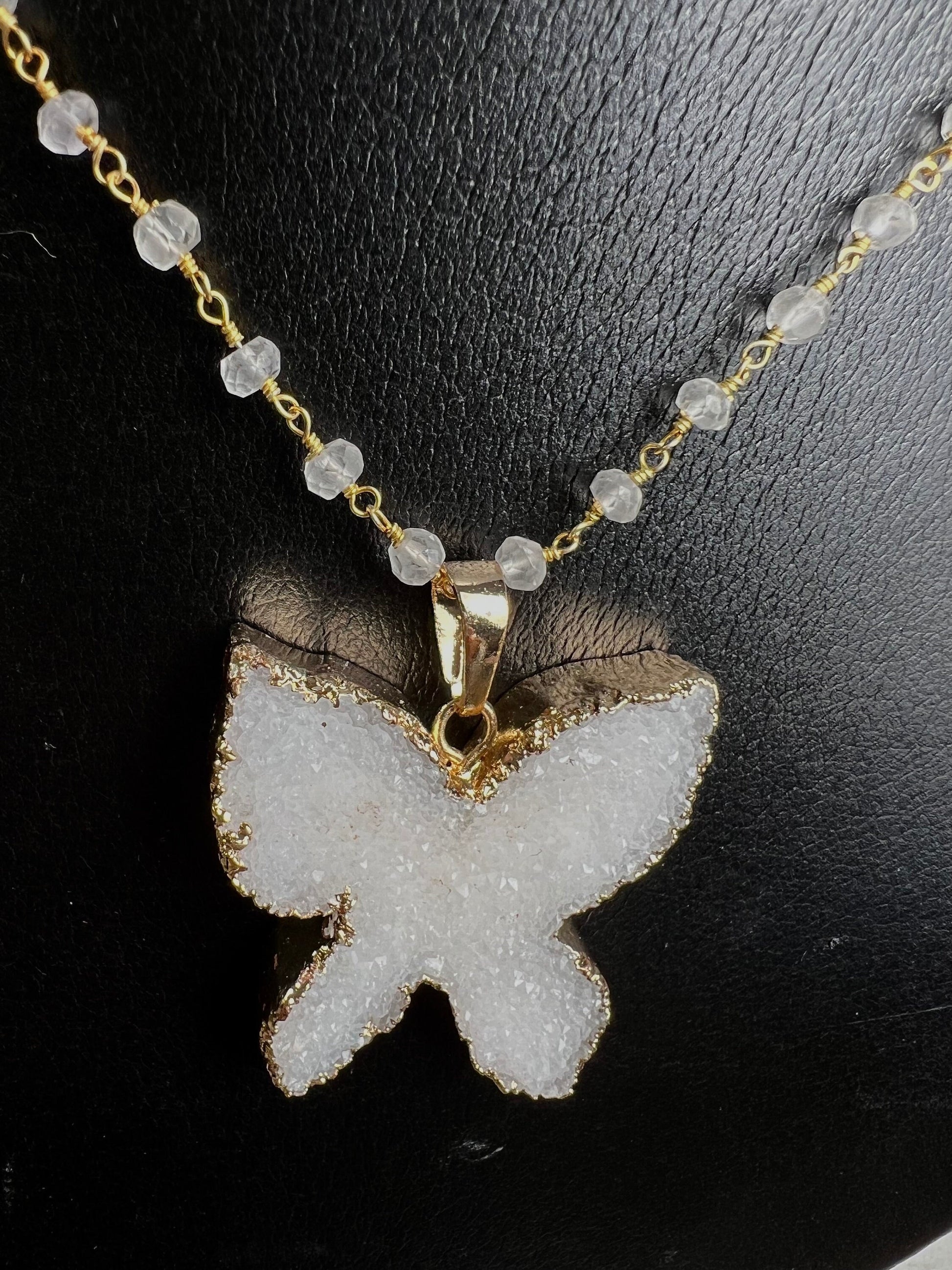 Moonstone Druzy Geode Agate gold bezel Butterfly rosary chain necklace. Natural gemstone handmade gift