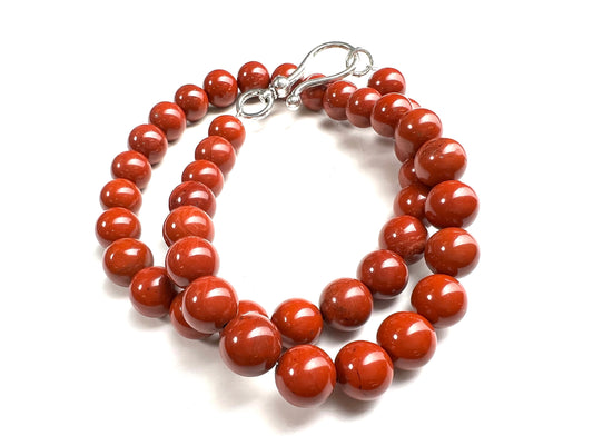 Natural Red Jasper 10mm Smooth Round Choker Layering Necklace, Handmade, Bali style large hook clasp brick red, energy, October Birthstone