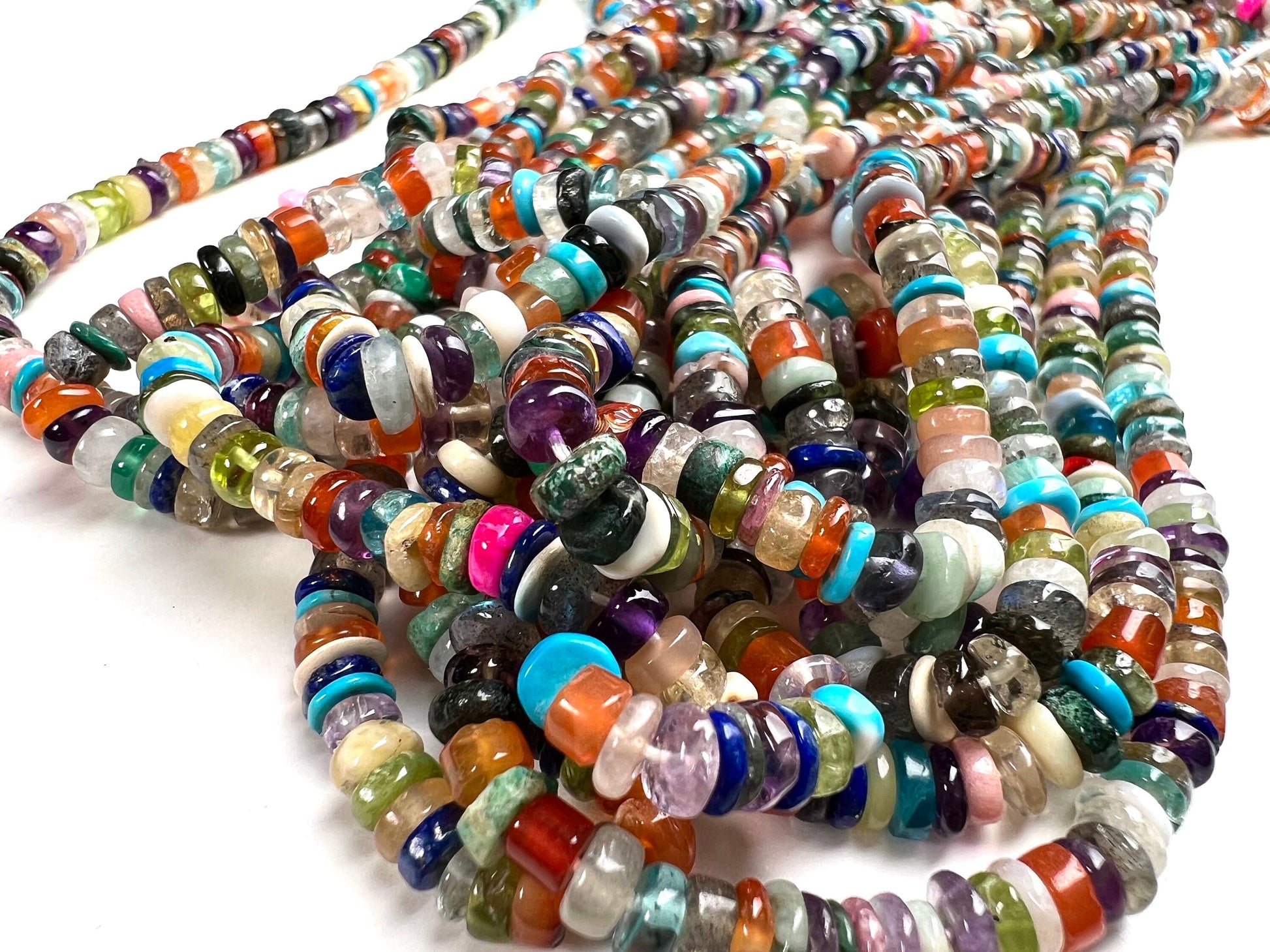 Natural Multi Gemstone mix shaded heishi 4.4-5mm mix gems,Apatite aquamarine Moonstone labradorite gems beads .12.5”