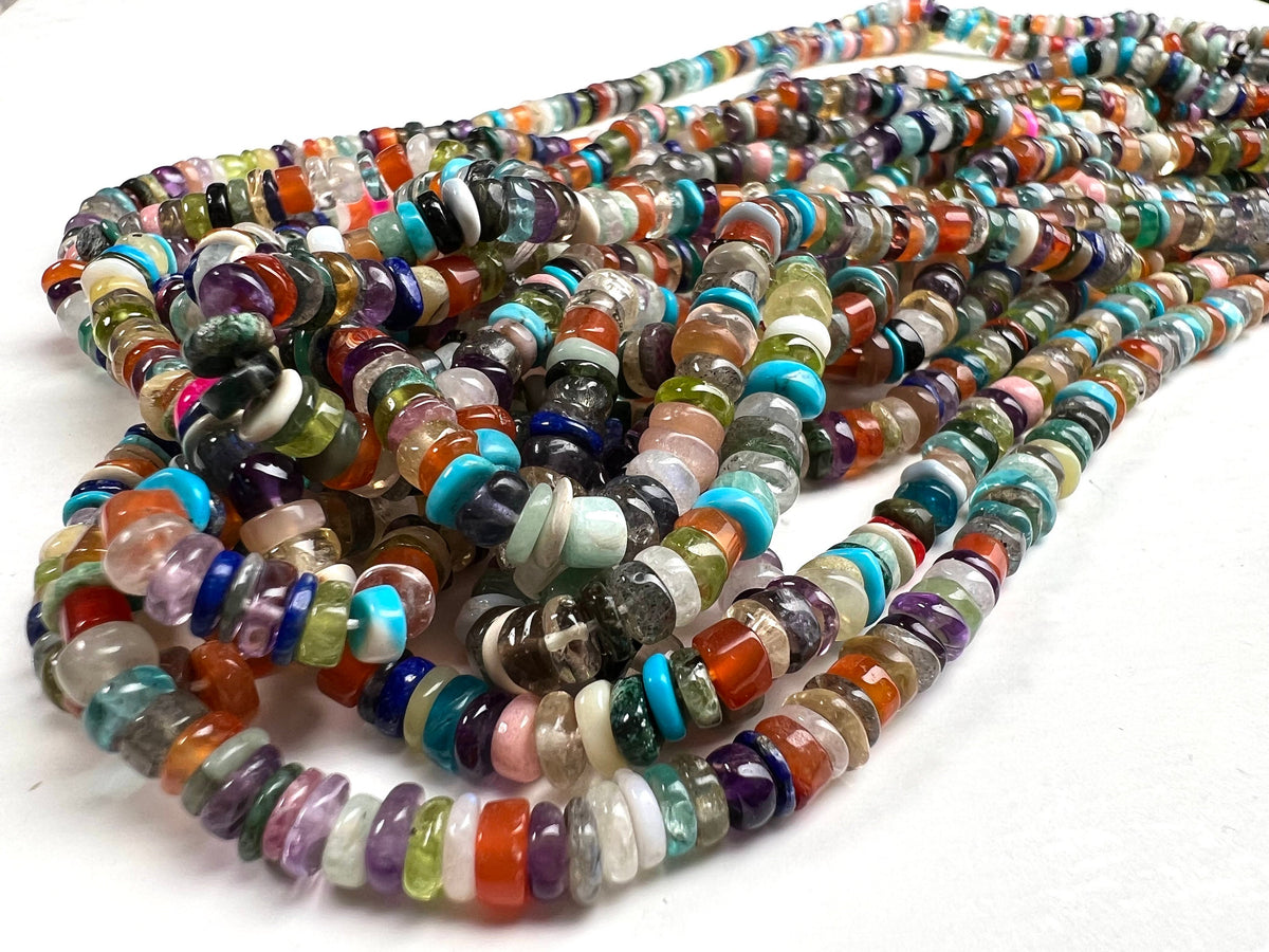 Natural Multi Gemstone mix heishi 4.4-5mm Rainbow mix Disco gems,Apatite aquamarine Moonstone labradorite gemstone. 6”,12” strand