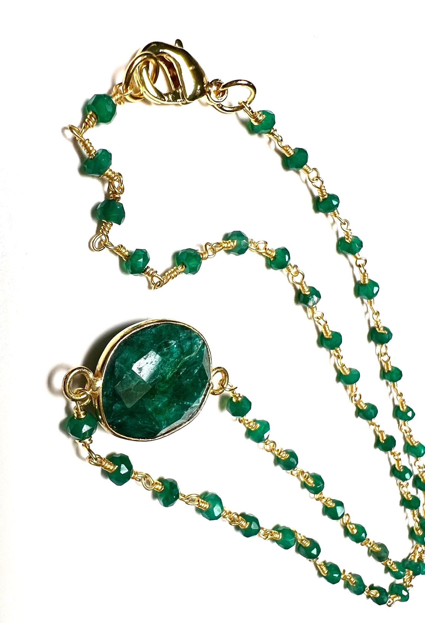 Genuine Emerald Gold Bezel Pendant with Matching Emerald Beaded chain Gold vermeil Necklace.