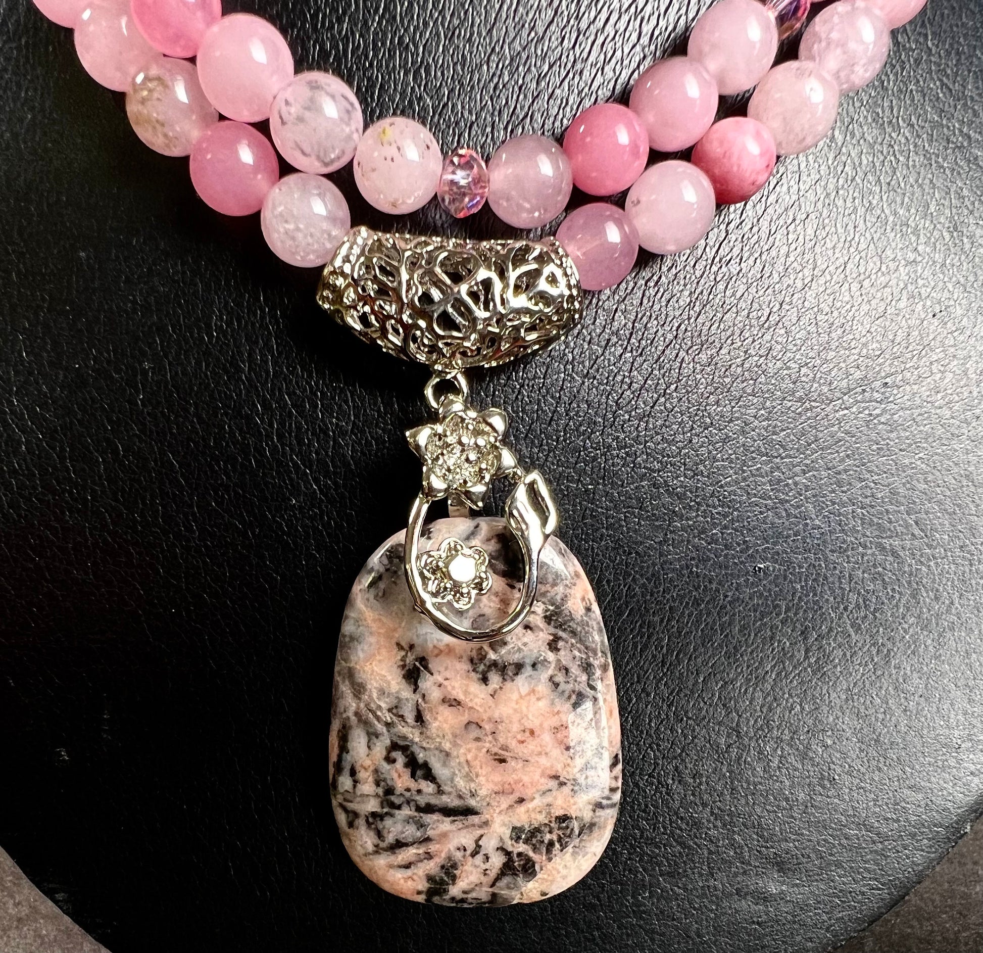 Natural Rhodonite pendant 8mm round Cherry Rhodonite Icy Pink beaded 2 line Adjustable Necklace, Fancy Rhodium Bail 18" plus 2" Extender