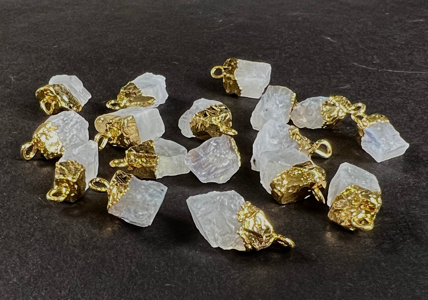 Natural Raw Rainbow Moonstone Freeform Gemstone with 22k gold vermeil handmade cap charms ,pendant dangle, Good luck gems .