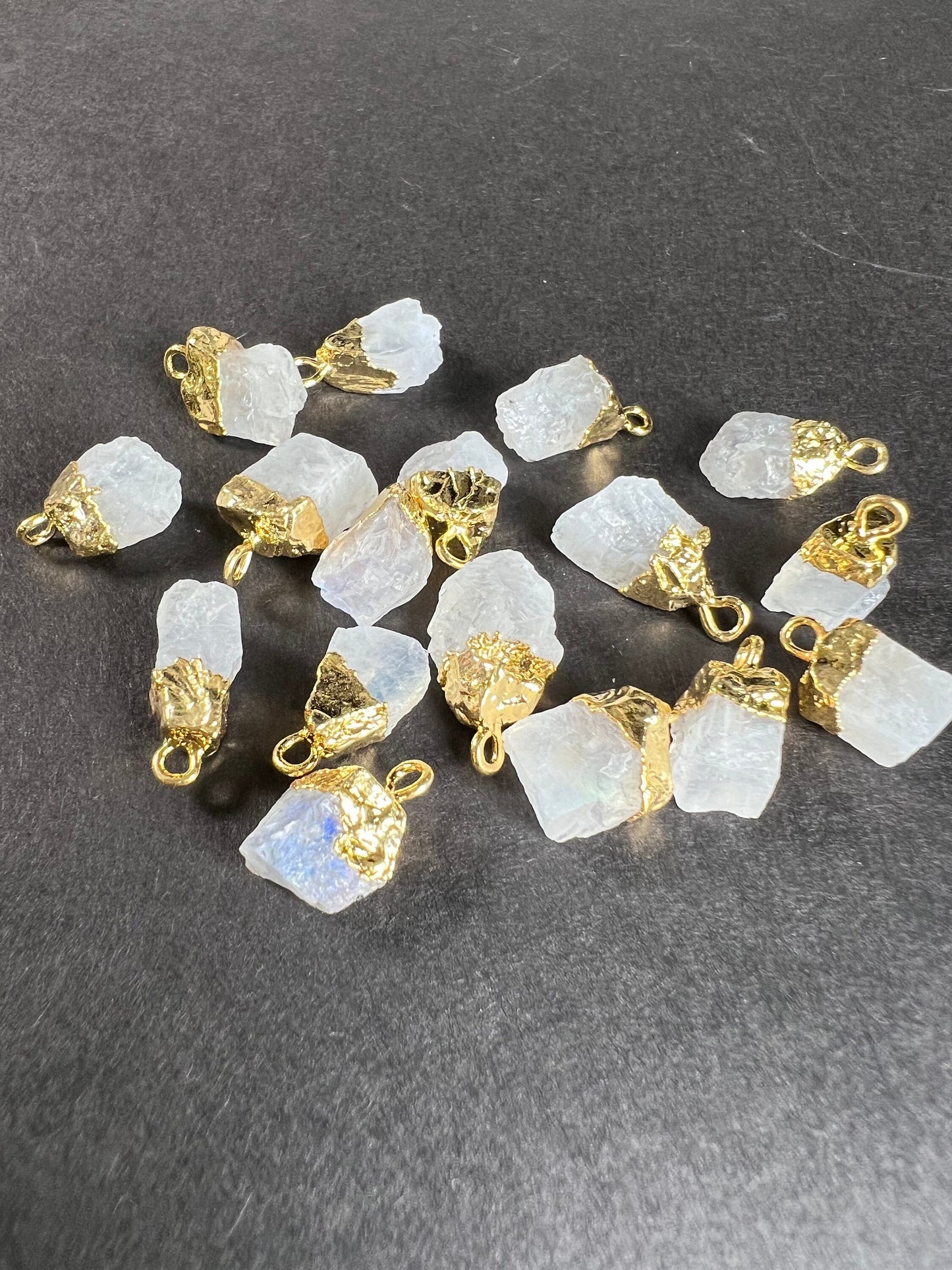 Natural Raw Rainbow Moonstone Freeform Gemstone with 22k gold vermeil handmade cap charms ,pendant dangle, Good luck gems .