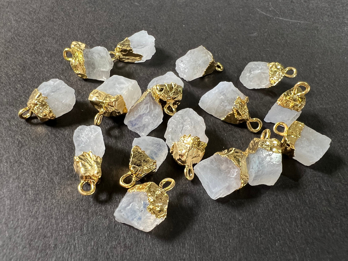 Natural Raw Rainbow Moonstone Freeform Gemstone with 22k gold vermeil handmade cap charms ,pendant dangle, Good luck gems .