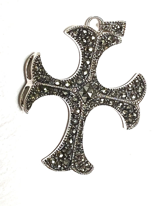 Vintage Marcasite 925 Sterling Silver Cross 32x40mm long pendant, Sterling Silver Chain Vintage, 925 stamped