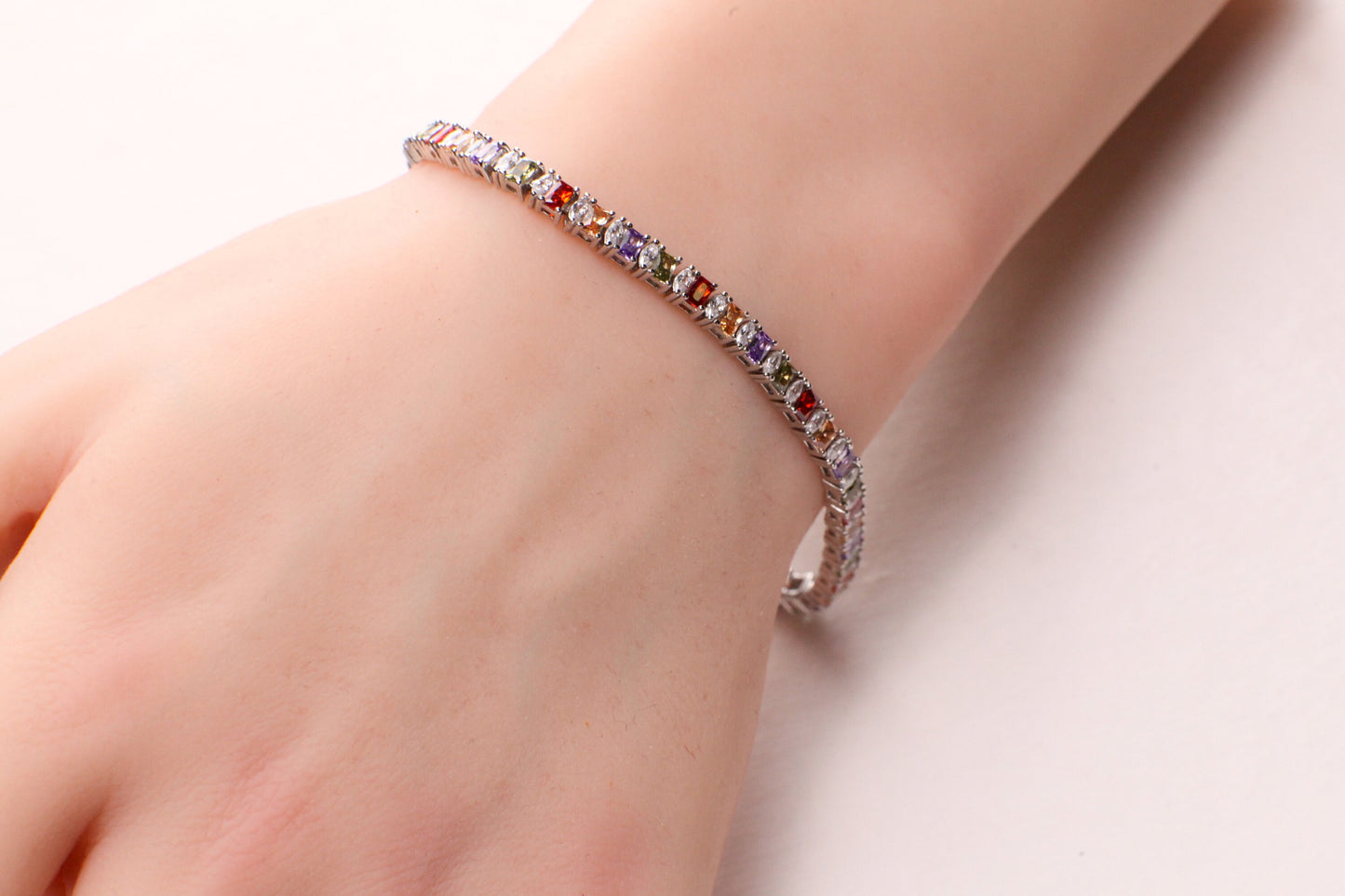 925 Sterling Silver Solid Multi Gemstone and CZ Diamond Princess cut Tennis Bracelet 7.5” Peridot Citrine Amethyst Garnet 925 stamped