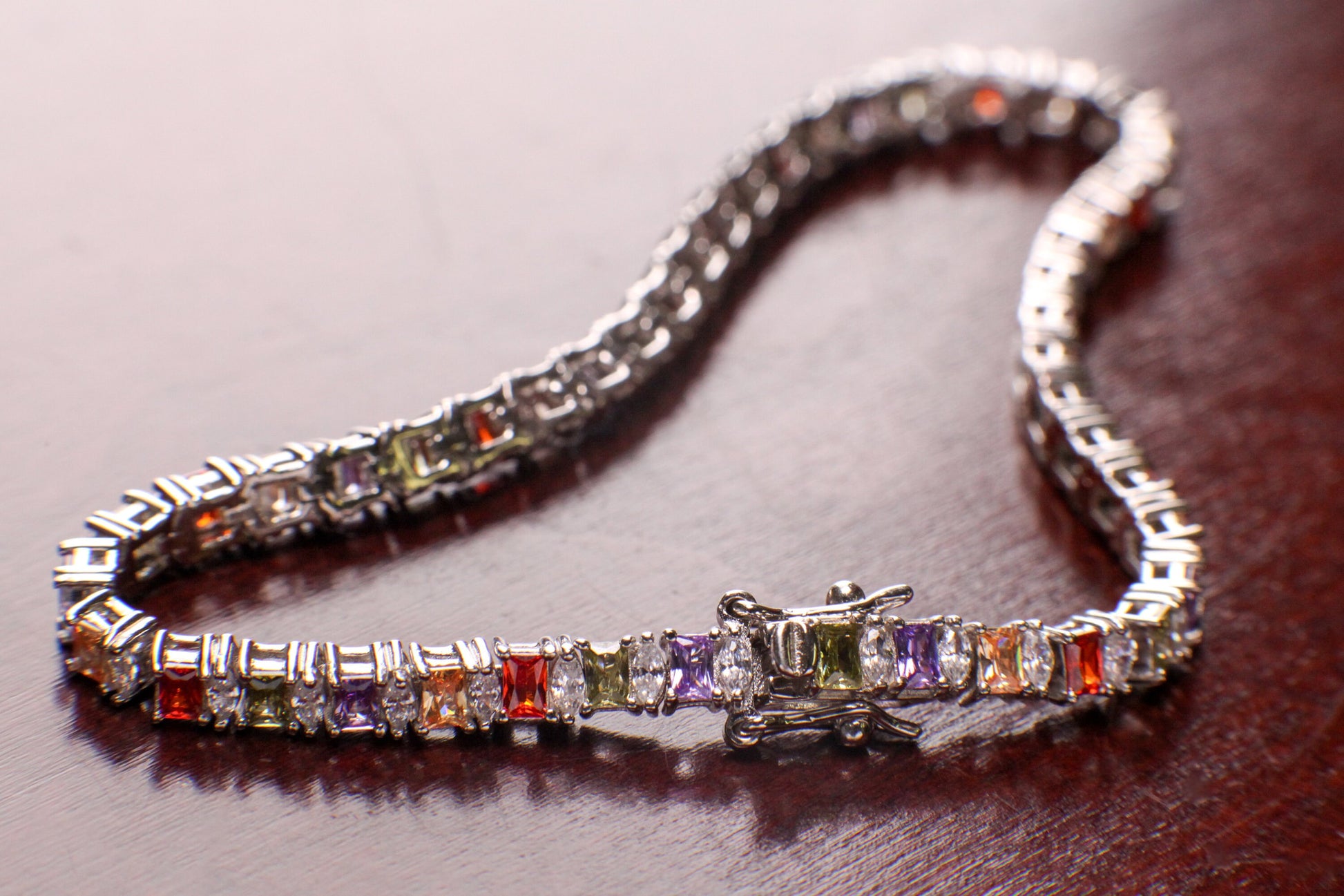 925 Sterling Silver Solid Multi Gemstone and CZ Diamond Princess cut Tennis Bracelet 7.5” Peridot Citrine Amethyst Garnet 925 stamped