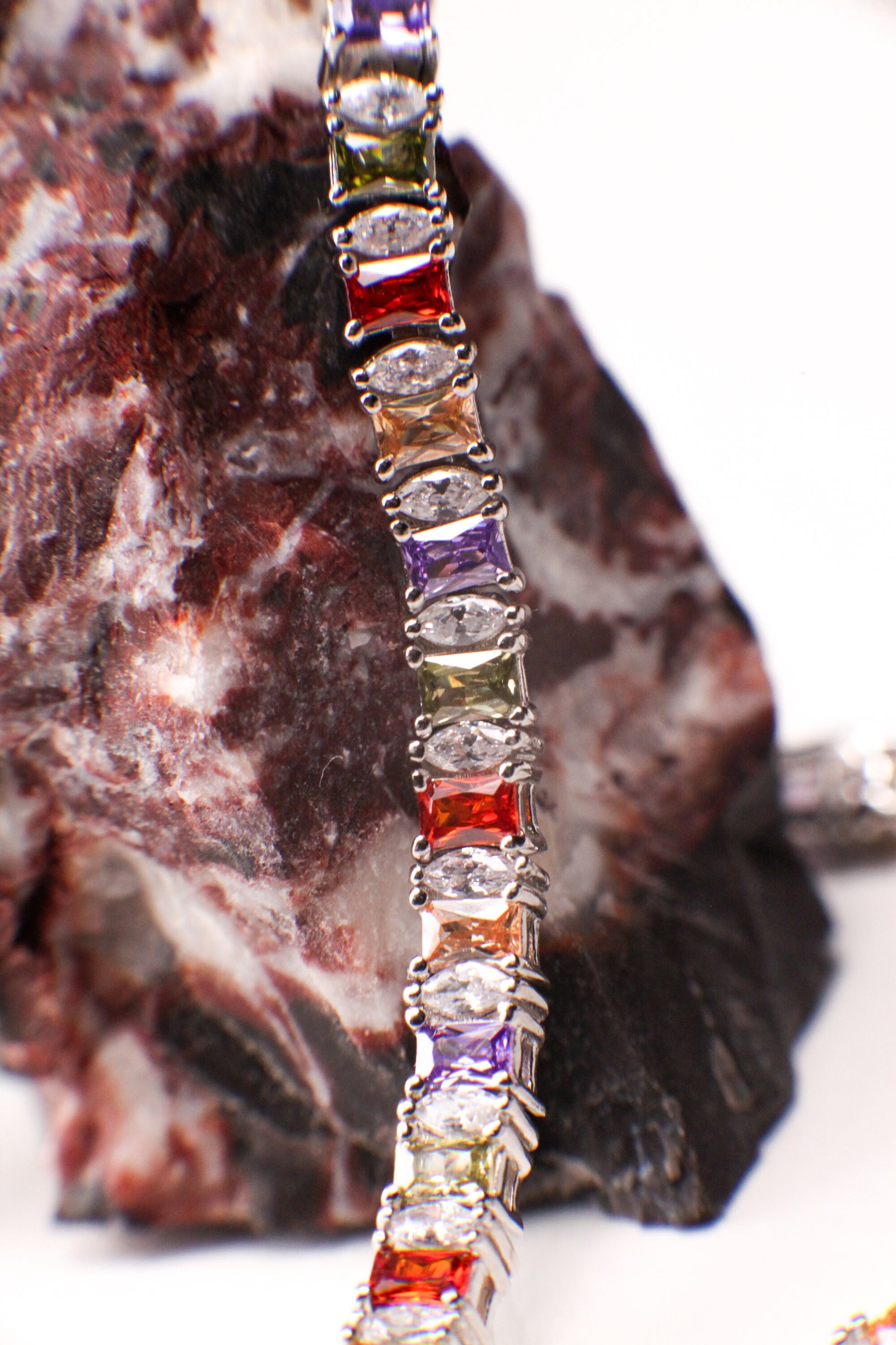 925 Sterling Silver Solid Multi Gemstone and CZ Diamond Princess cut Tennis Bracelet 7.5” Peridot Citrine Amethyst Garnet 925 stamped