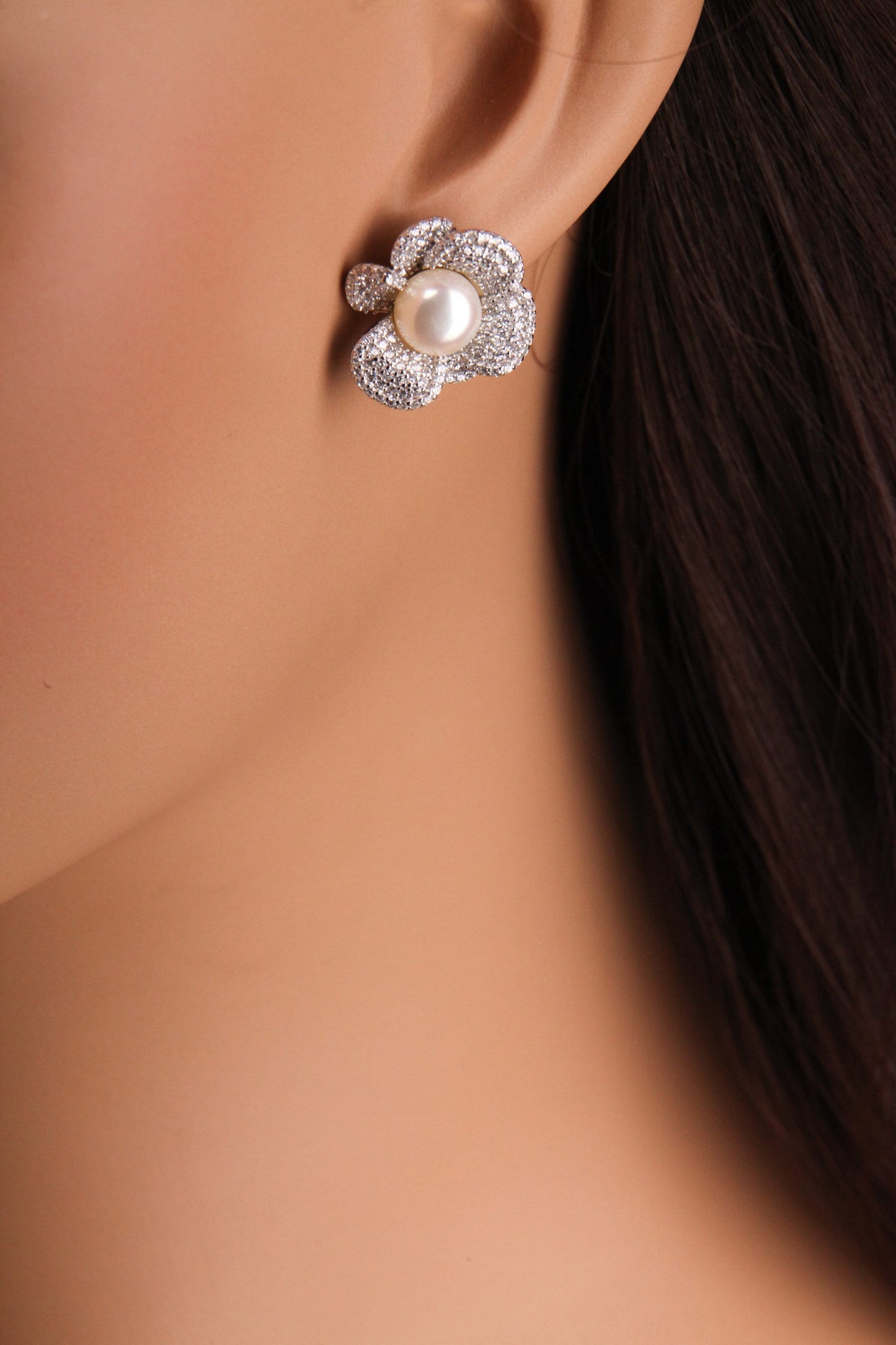 925 Sterling Silver CZ Diamond Freshwater Pearl Flower 18x19mm Post Earrings ,925 stamped Elegant Gift, Evening wear