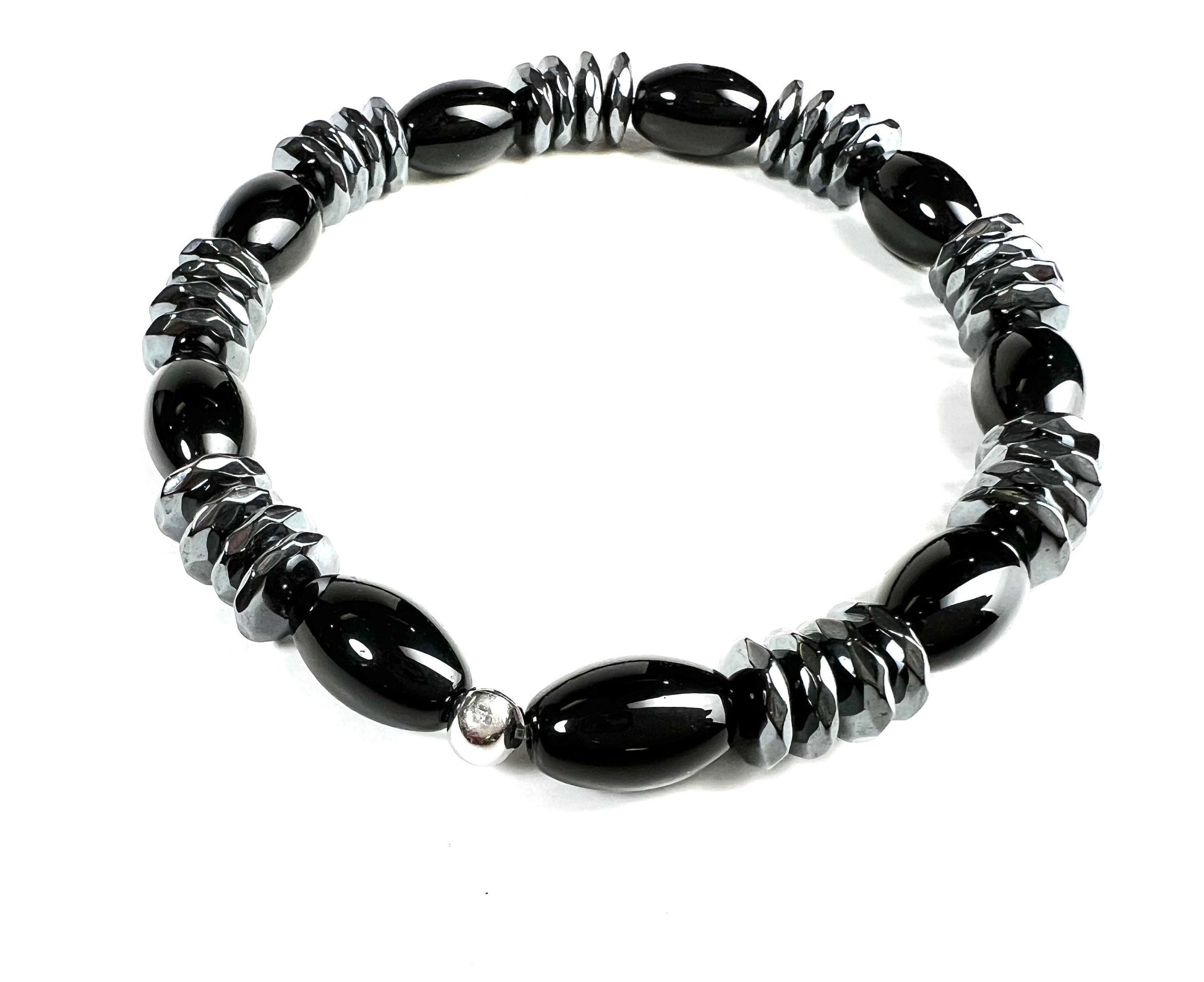 Black Onyx smooth oval with 10mm hematite faceted disc roundel AAA quality beaded Stretchy Bracelet. Man’s gift energy protection strength
