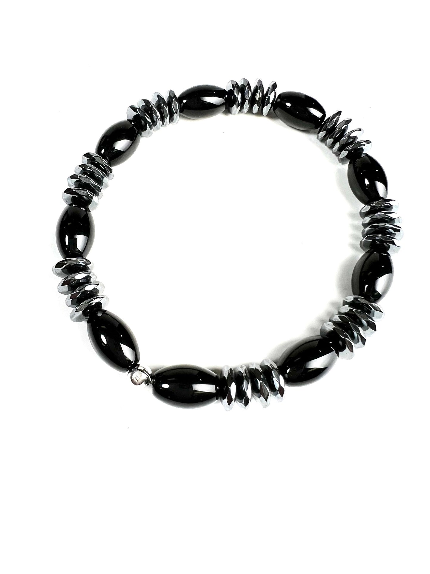 Black Onyx smooth oval with 10mm hematite faceted disc roundel AAA quality beaded Stretchy Bracelet. Man’s gift energy protection strength