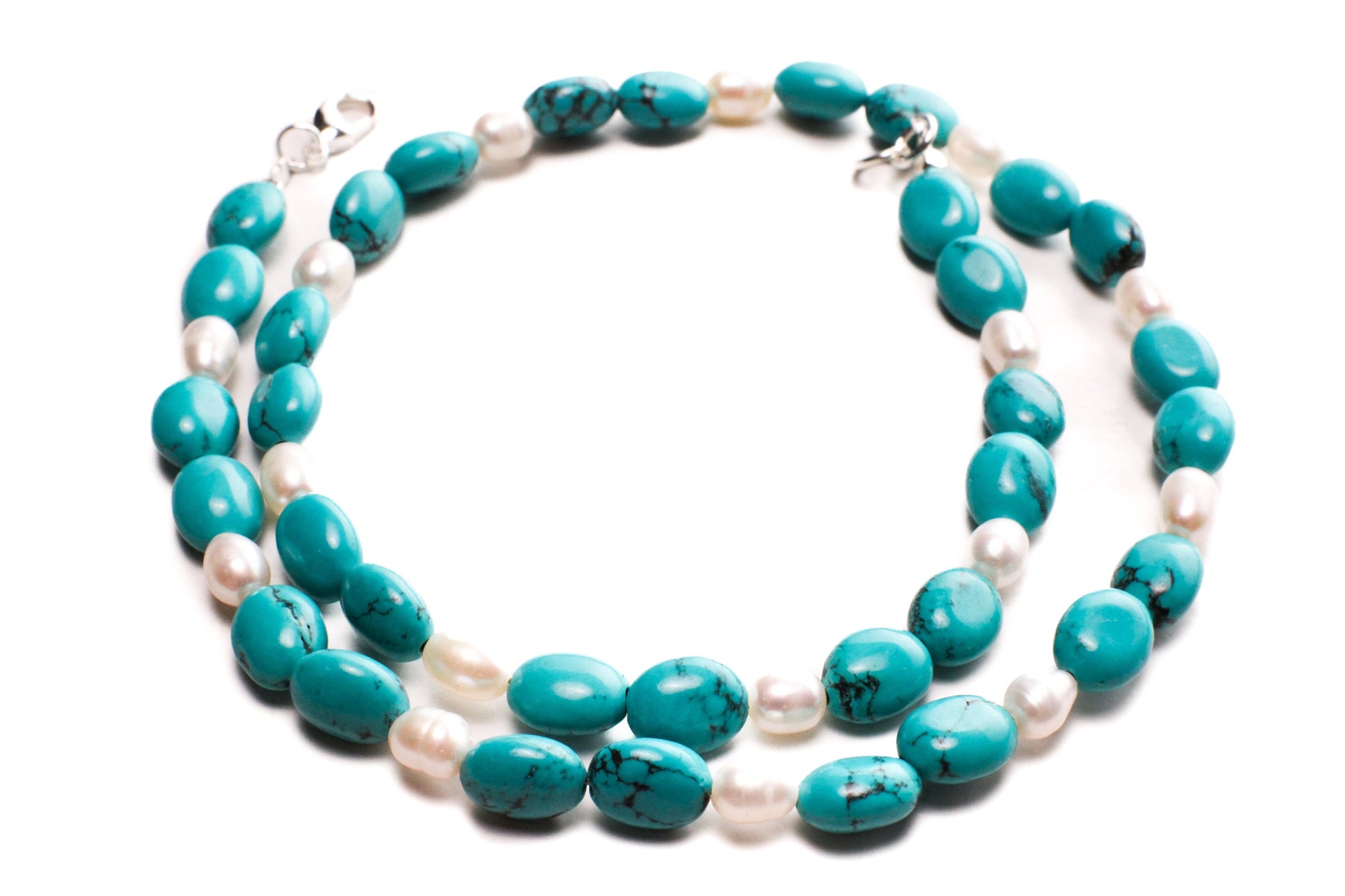Arizona Blue Natural Turquoise Oval Nugget, Freshwater Pearl Pearl Spacer Silver Necklace