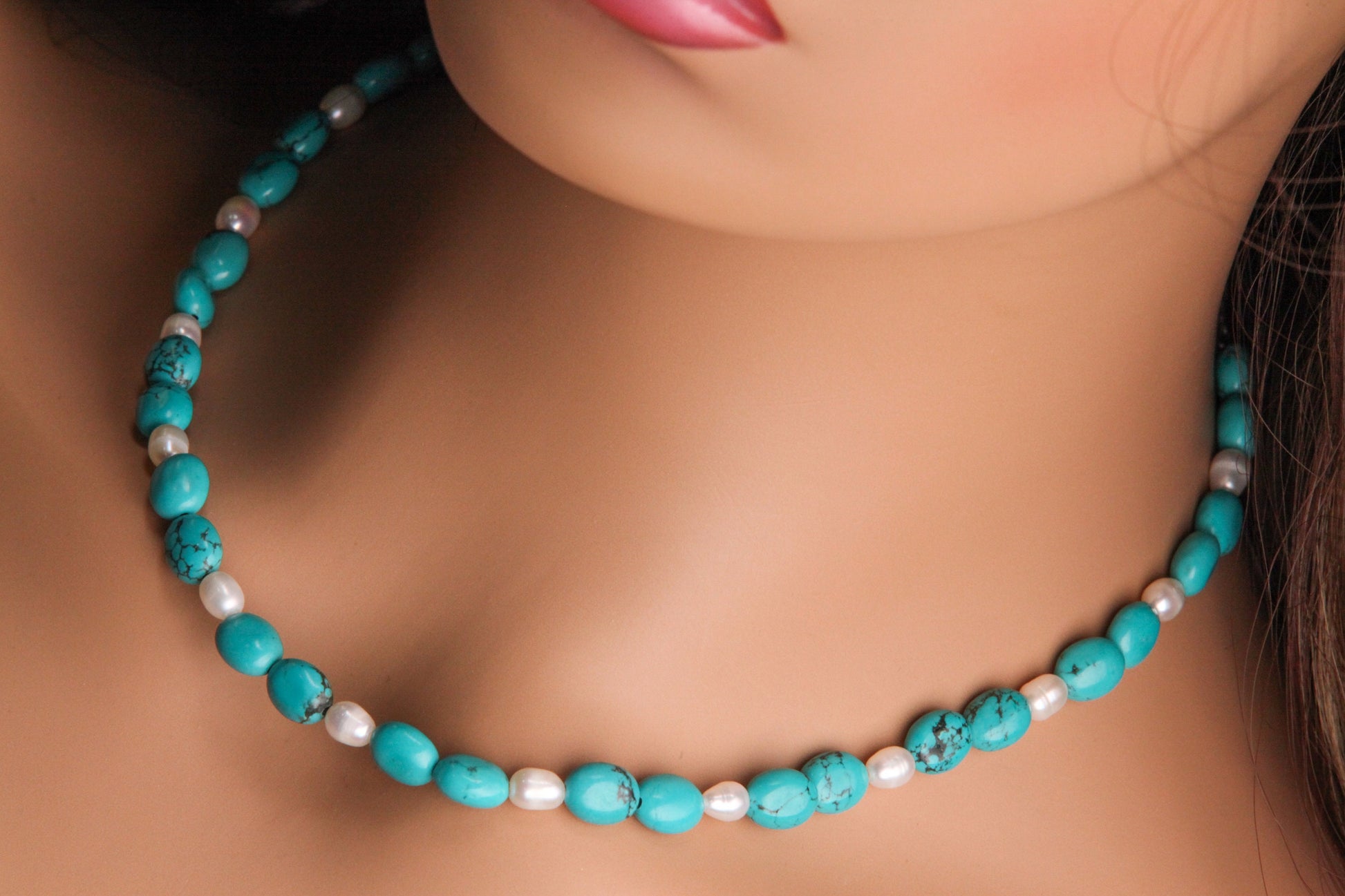 Arizona Blue Turquoise Oval Nugget, Freshwater Pearl Pearl Spacer Silver Necklace