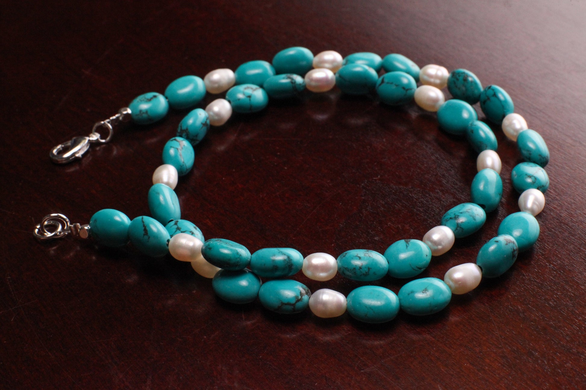 Arizona Blue Natural Turquoise Oval Nugget, Freshwater Pearl Pearl Spacer Silver Necklace