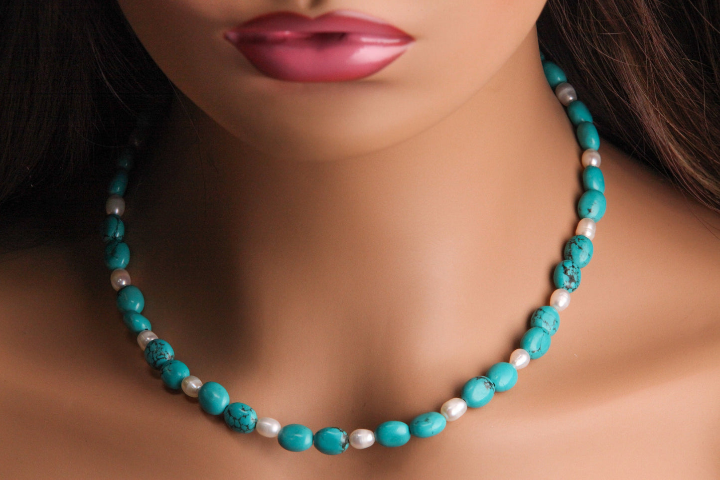 Arizona Blue Natural Turquoise Oval Nugget, Freshwater Pearl Pearl Spacer Silver Necklace