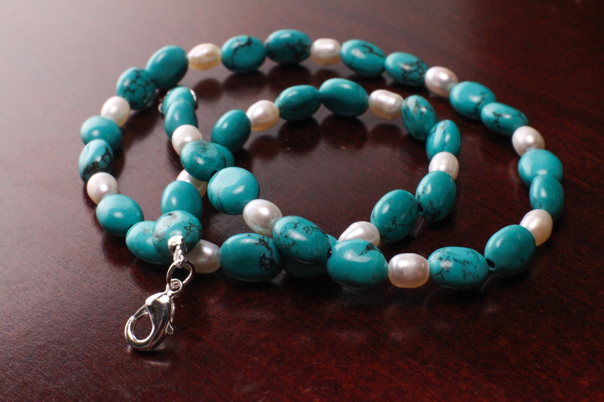 Arizona Blue Turquoise Oval Nugget, Freshwater Pearl Pearl Spacer Silver Necklace