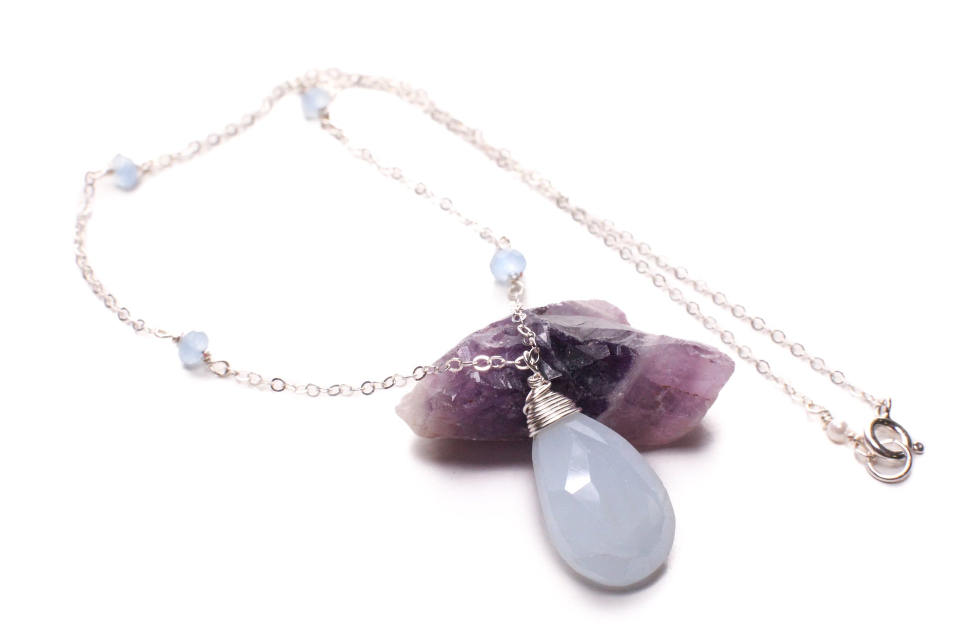 Aquamarine Faceted 12x18mm Briolette Drop Wire Wrapped Pendant in 925 Sterling Silver Chain, Aquamarine and Freshwater Pearl Spacer Necklace