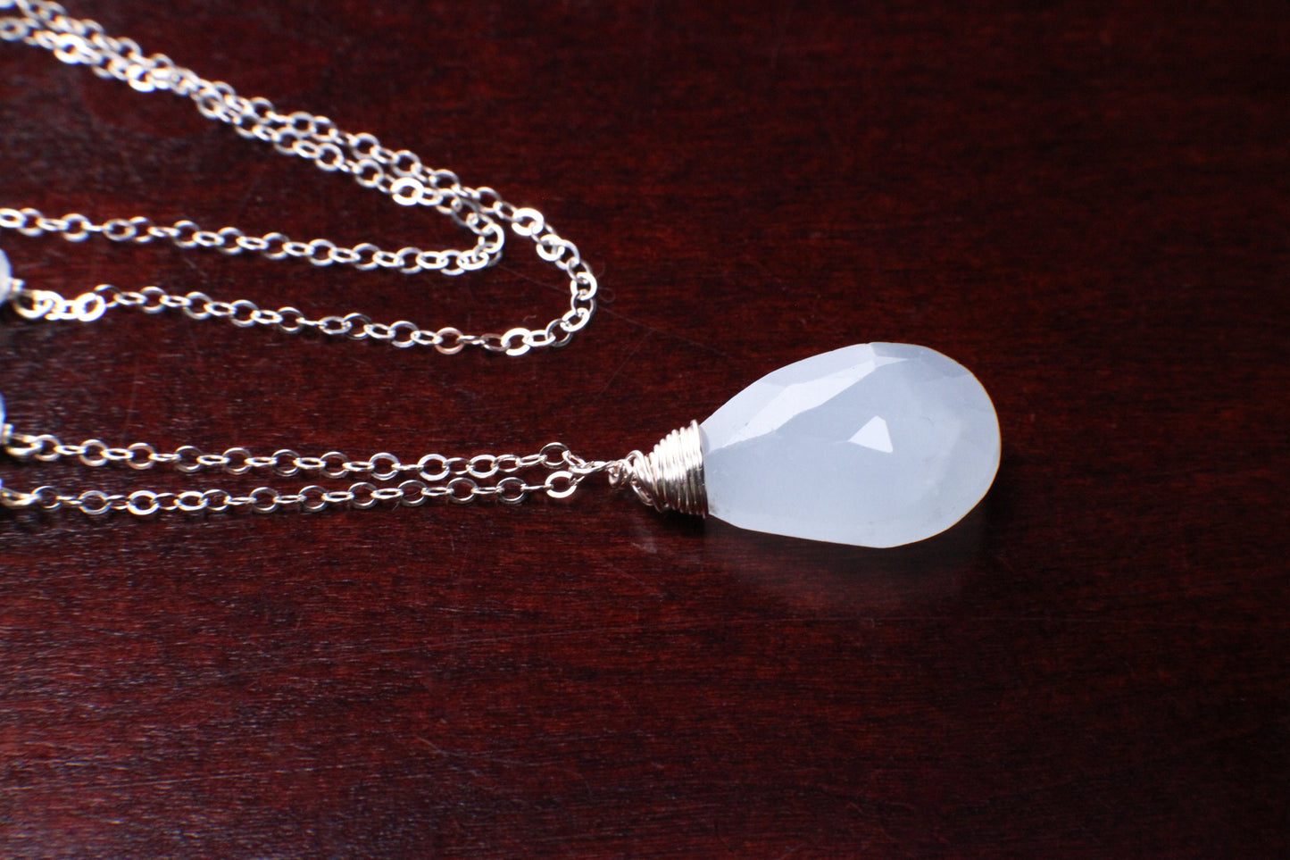 Aquamarine Faceted 12x18mm Briolette Drop Wire Wrapped Pendant in 925 Sterling Silver Chain, Aquamarine and Freshwater Pearl Spacer Necklace