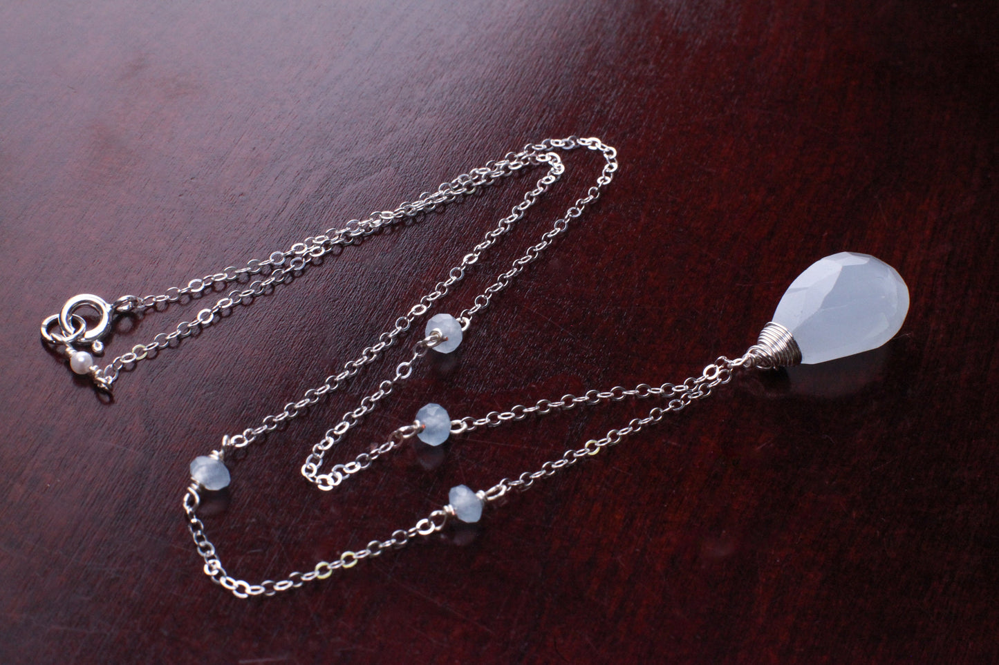 Aquamarine Faceted 12x18mm Briolette Drop Wire Wrapped Pendant in 925 Sterling Silver Chain, Aquamarine and Freshwater Pearl Spacer Necklace