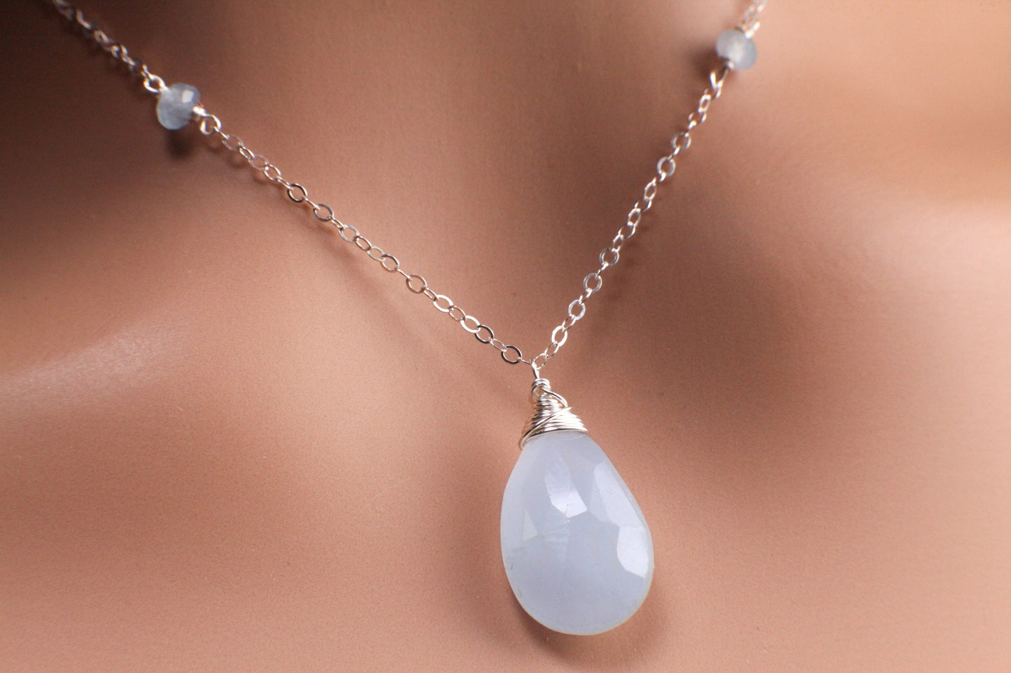 Aquamarine Faceted 12x18mm Briolette Drop Wire Wrapped Pendant in 925 Sterling Silver Chain, Aquamarine and Freshwater Pearl Spacer Necklace