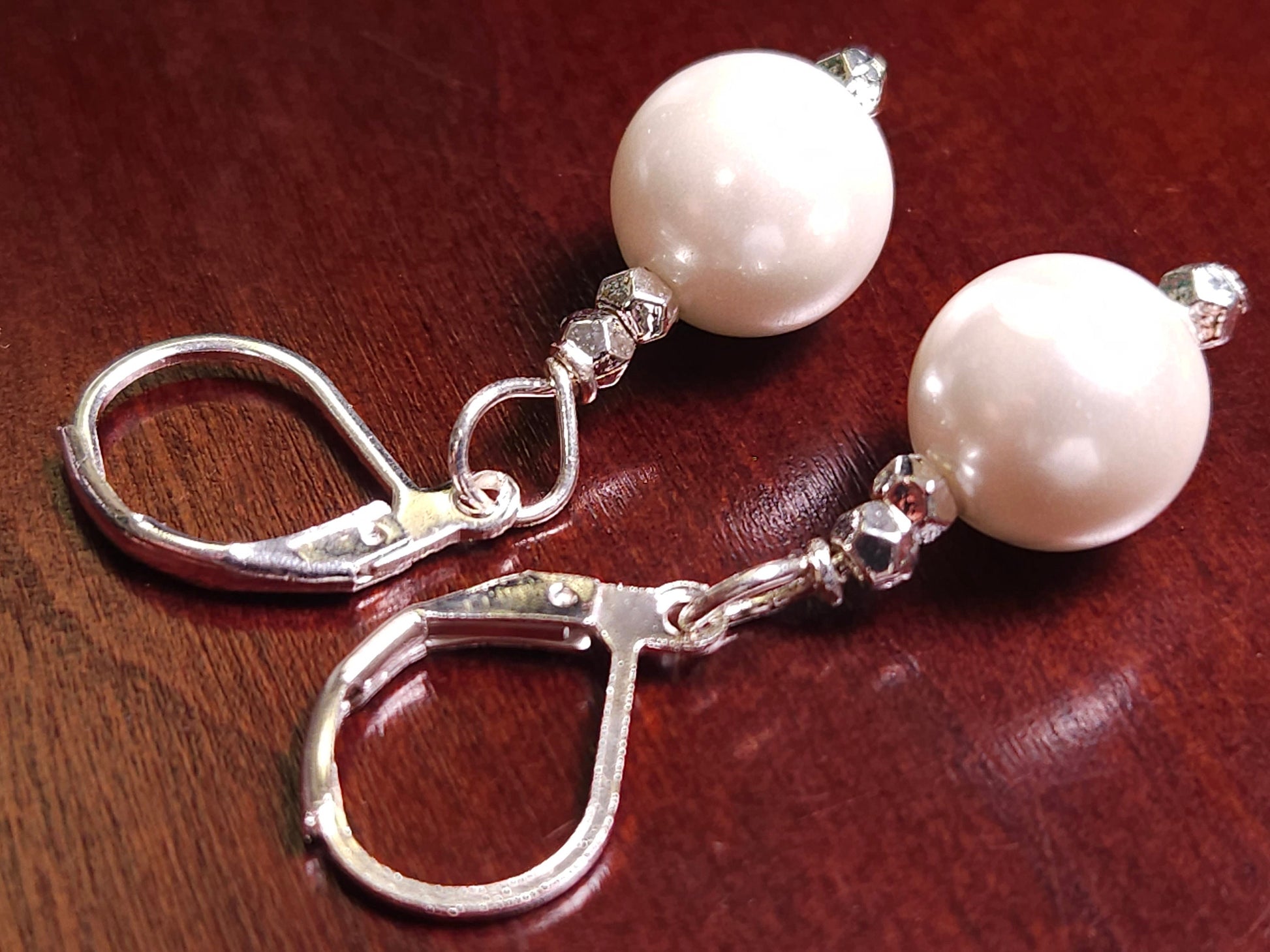 White South SeaShell Pearl 10mm round silver Leverback Earrings, simple minimalist Bridal.