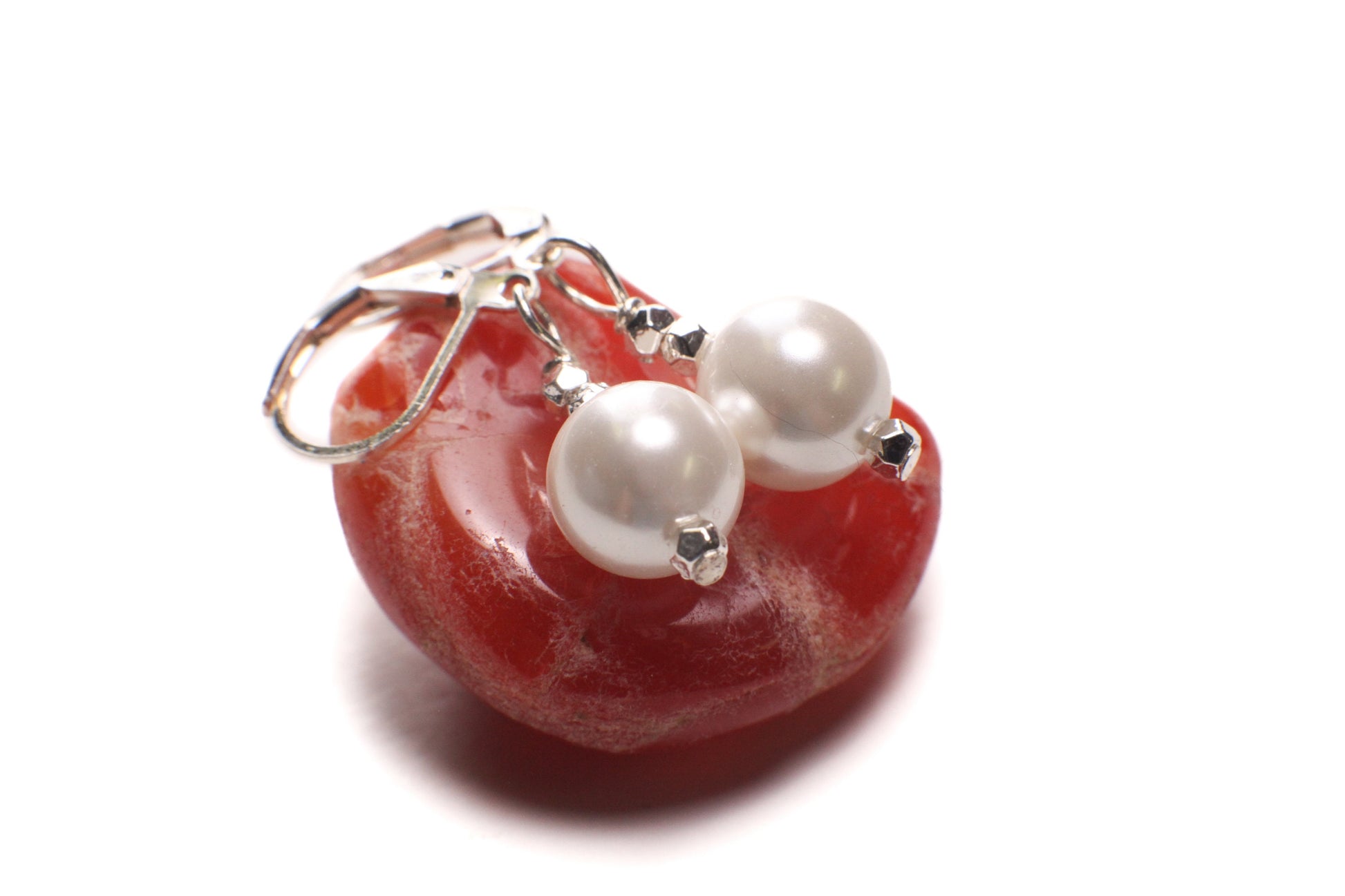 White South SeaShell Pearl 10mm round silver Leverback Earrings, simple minimalist Bridal.