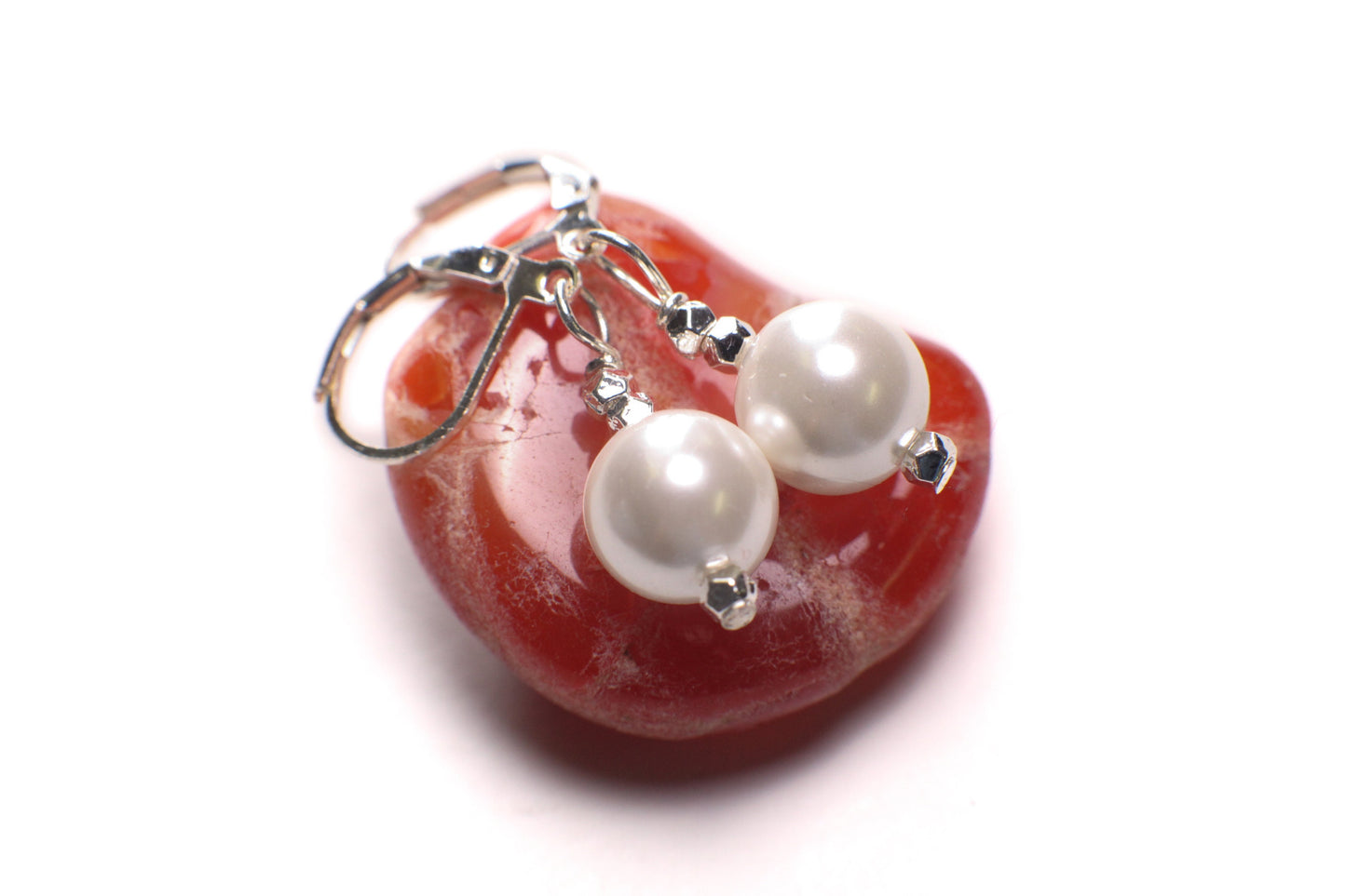 White South SeaShell Pearl 10mm round silver Leverback Earrings, simple minimalist Bridal.