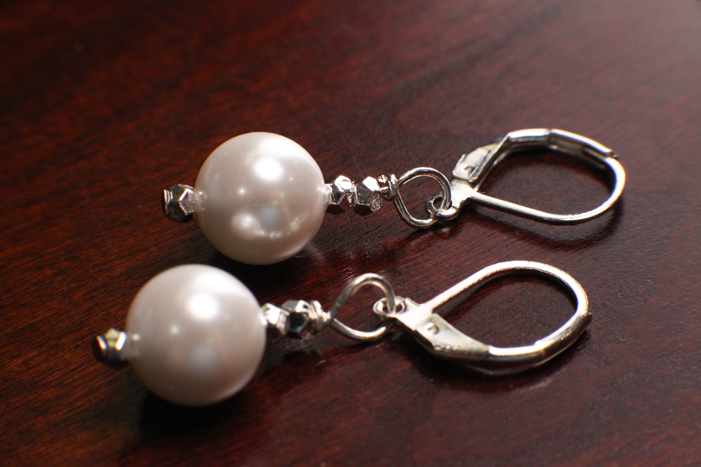 White South SeaShell Pearl 10mm round silver Leverback Earrings, simple minimalist Bridal.