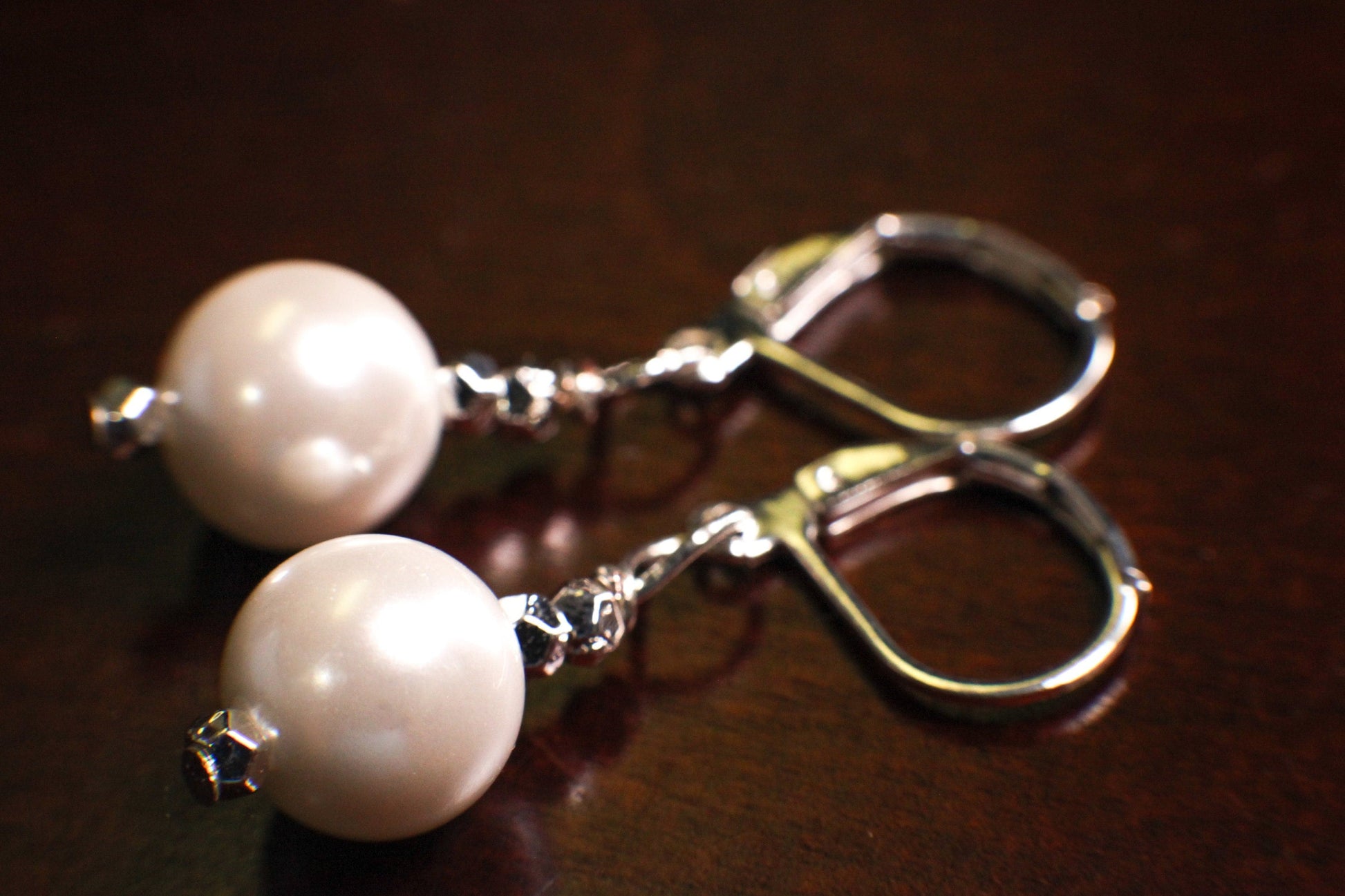 White South SeaShell Pearl 10mm round silver Leverback Earrings, simple minimalist Bridal.