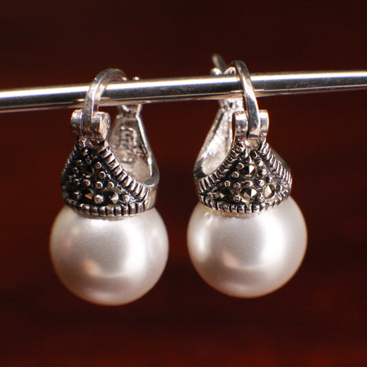 Vintage Marcasite with Pearl 12mm 925 Sterling silver Huggie hoop earring. Vintage antique gift for her. 925 Stamped