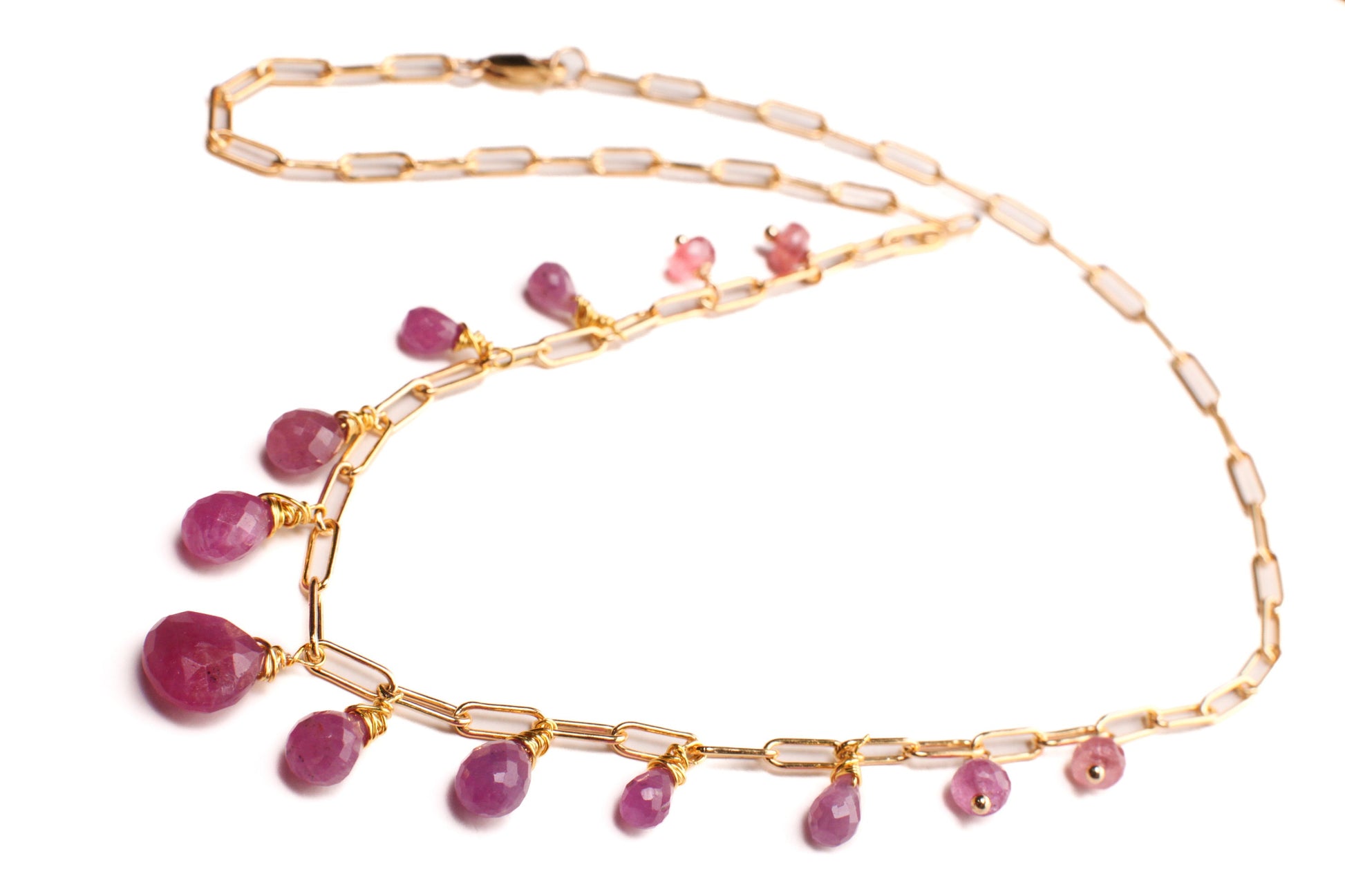 Natural Pink Sapphire Faceted Drop Wire Wrapped Dangling 14k Gold Filled Handmade Necklace. Precious Elegant gift unity love & truth .