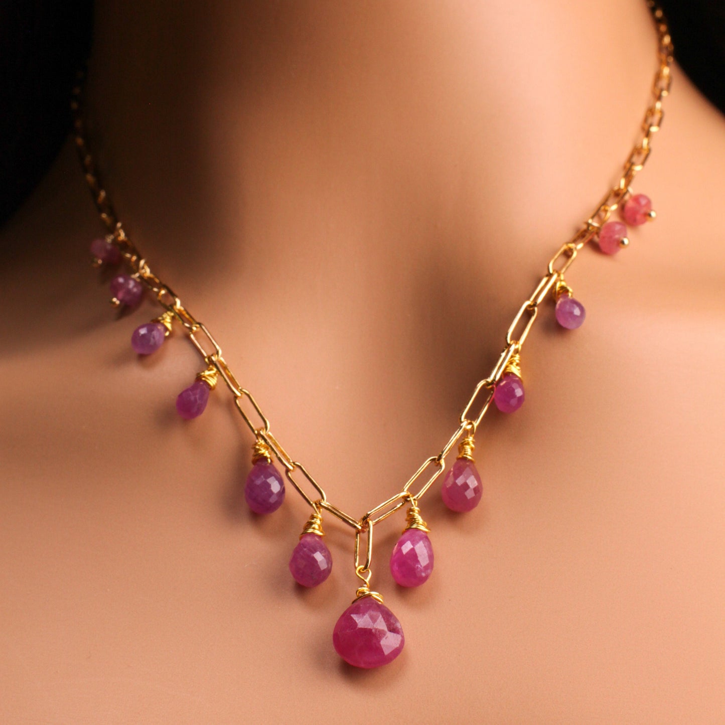 Natural Pink Sapphire Faceted Drop Wire Wrapped Dangling 14k Gold Filled Handmade Necklace. Precious Elegant gift unity love & truth .