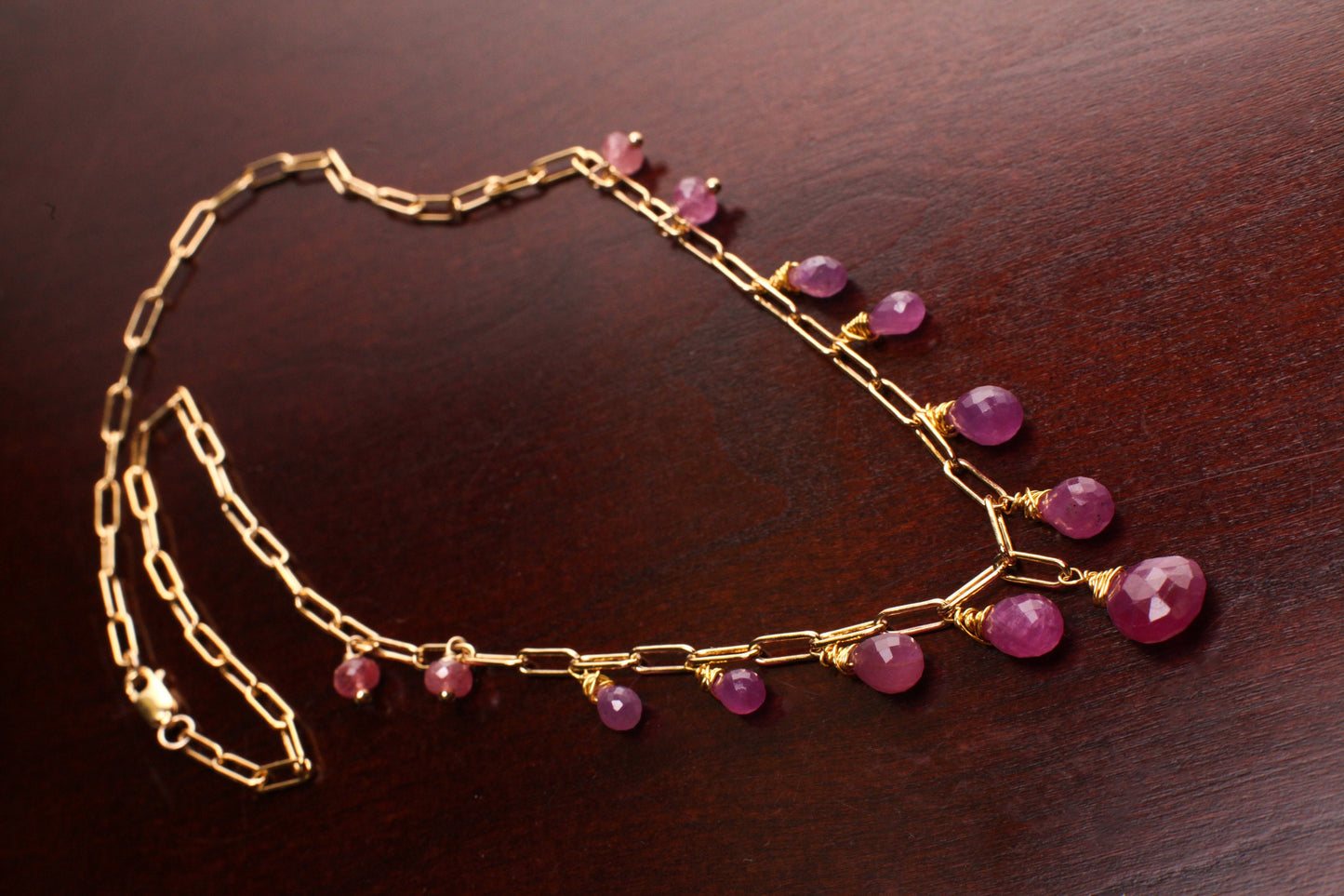 Natural Pink Sapphire Faceted Drop Wire Wrapped Dangling 14k Gold Filled Handmade Necklace. Precious Elegant gift unity love & truth .