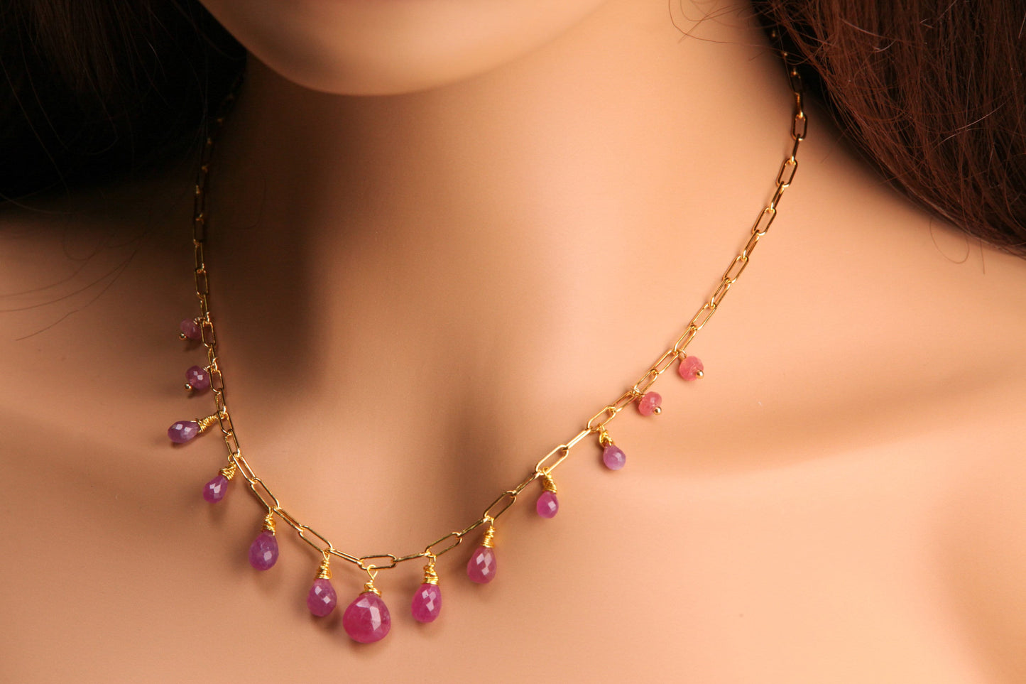 Natural Pink Sapphire Faceted Drop Wire Wrapped Dangling 14k Gold Filled Handmade Necklace. Precious Elegant gift unity love & truth .