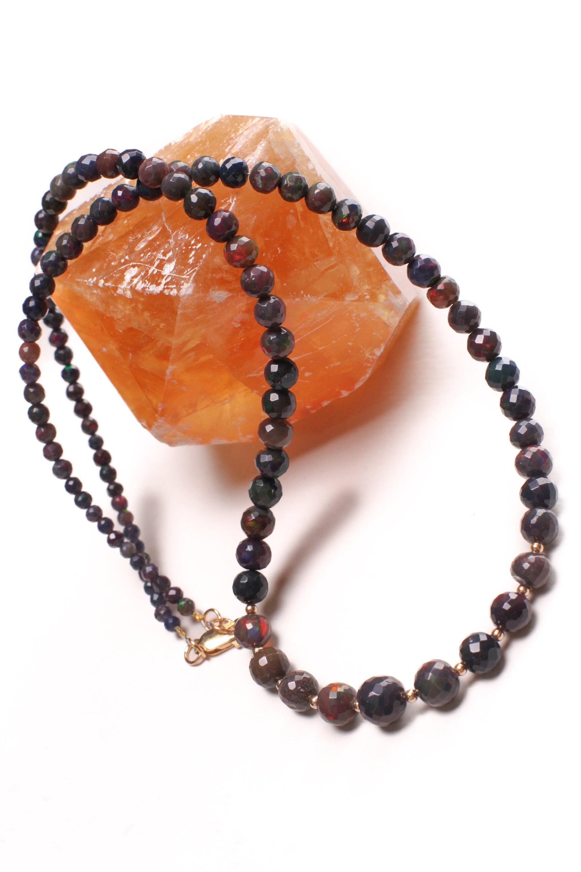 Natural Black Ethiopian Welo Fire Opal Faceted Round 3-7mm Graduated Necklace. 14K Gold Filled Necklace