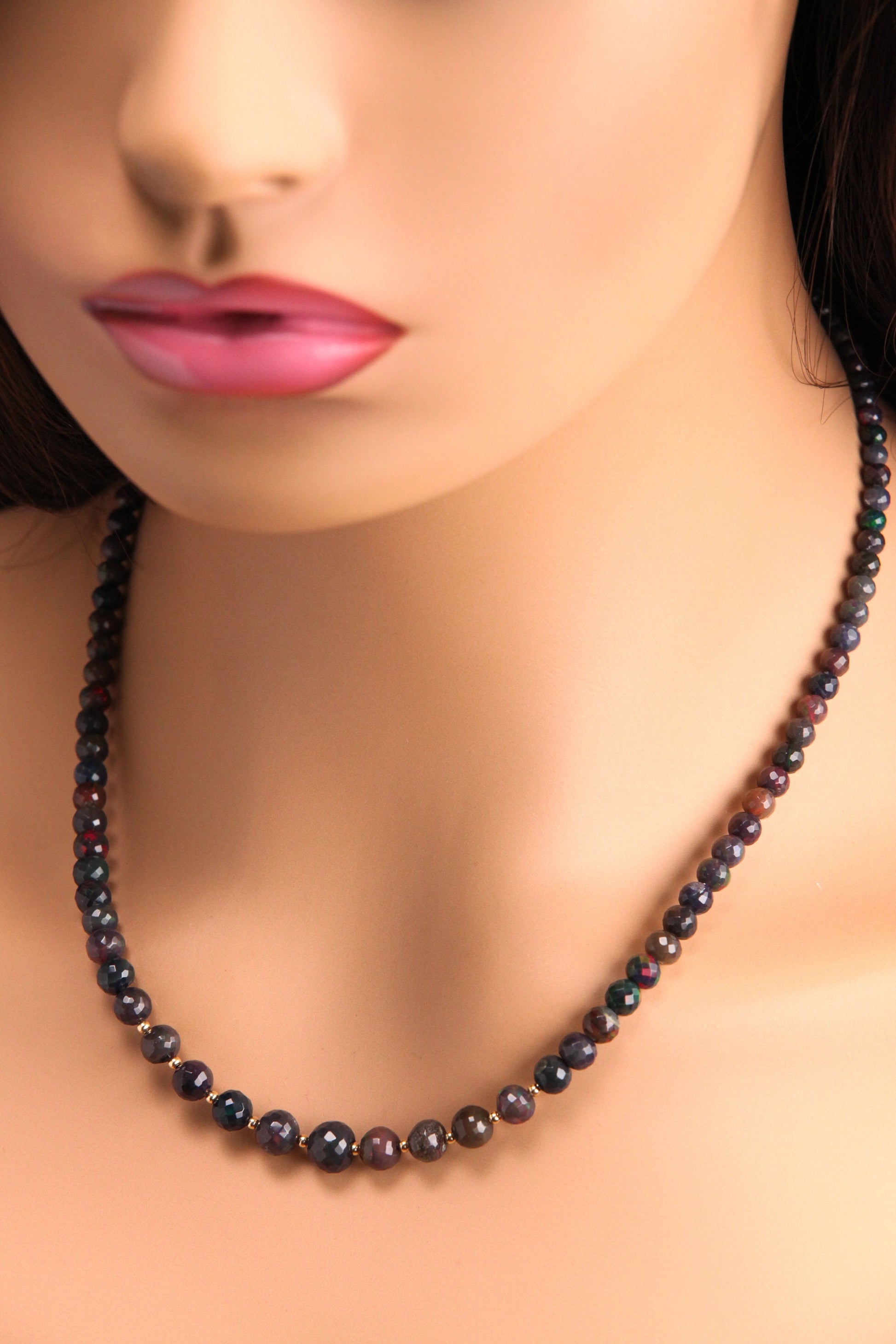 Natural Black Ethiopian Welo Fire Opal Faceted Round 3-7mm Graduated Necklace. 14K Gold Filled Necklace