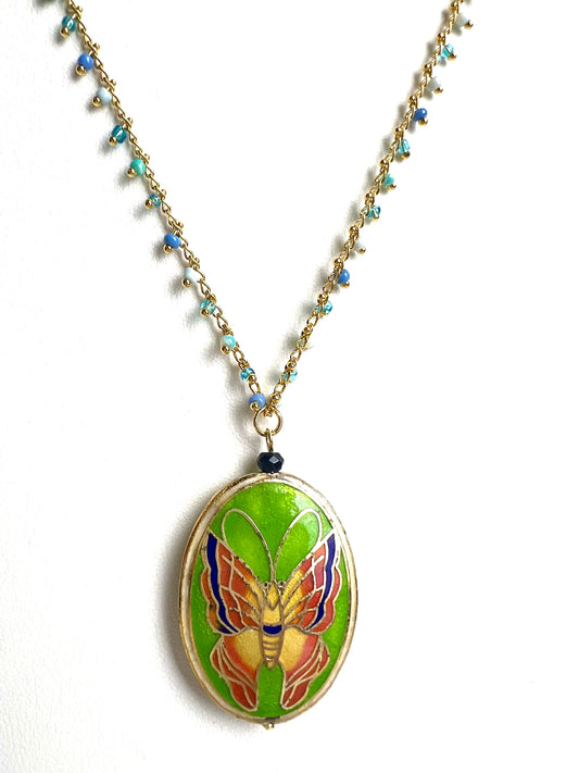 Traditional Cloisonné Pendant Vintage Butterfly Focal with matching Gold Beaded Chain 22” Necklace .Orange green pendant and blue green