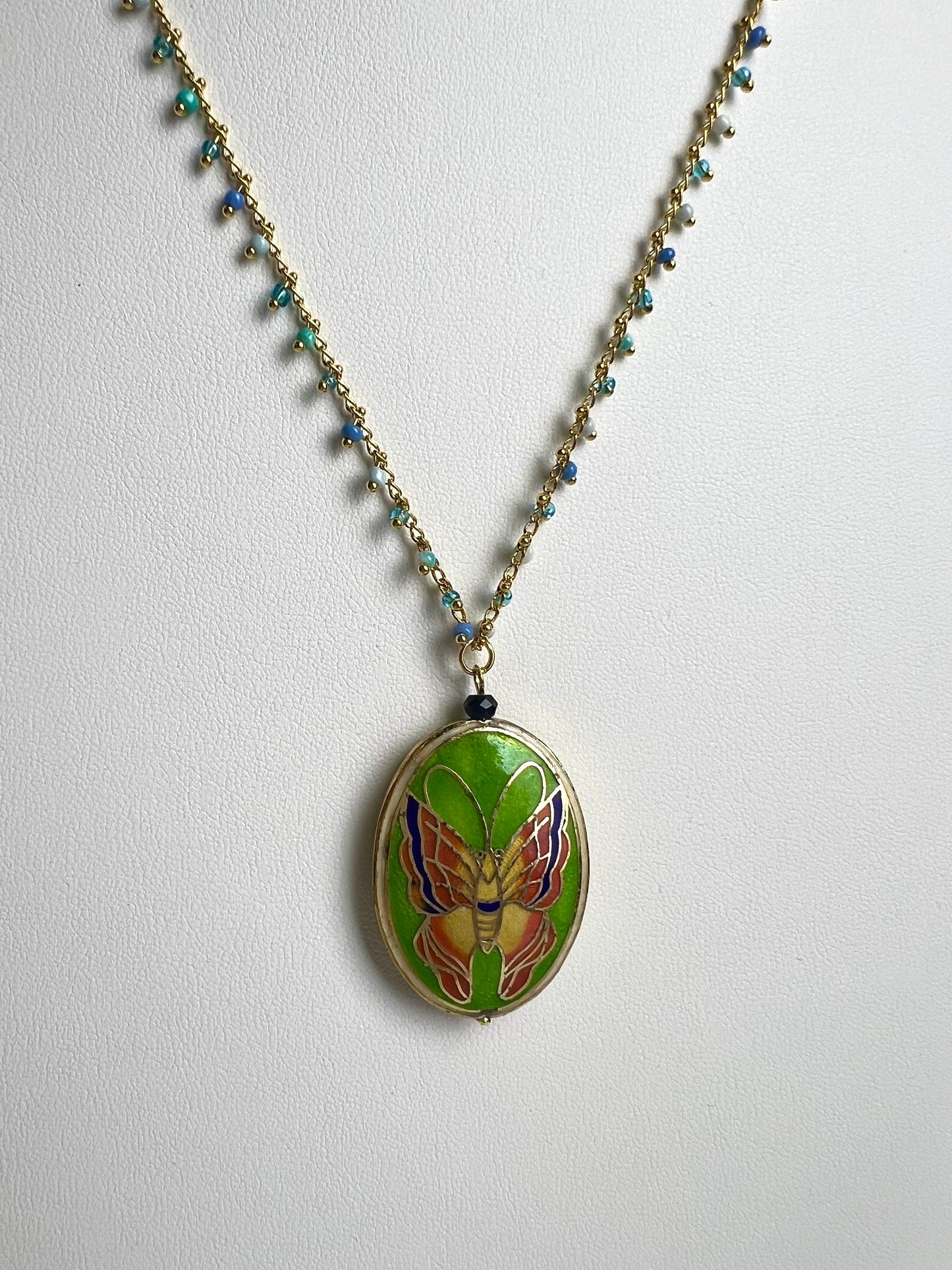 Traditional Cloisonné Pendant Vintage Butterfly Focal with matching Gold Beaded Chain 22” Necklace .Orange green pendant and blue green