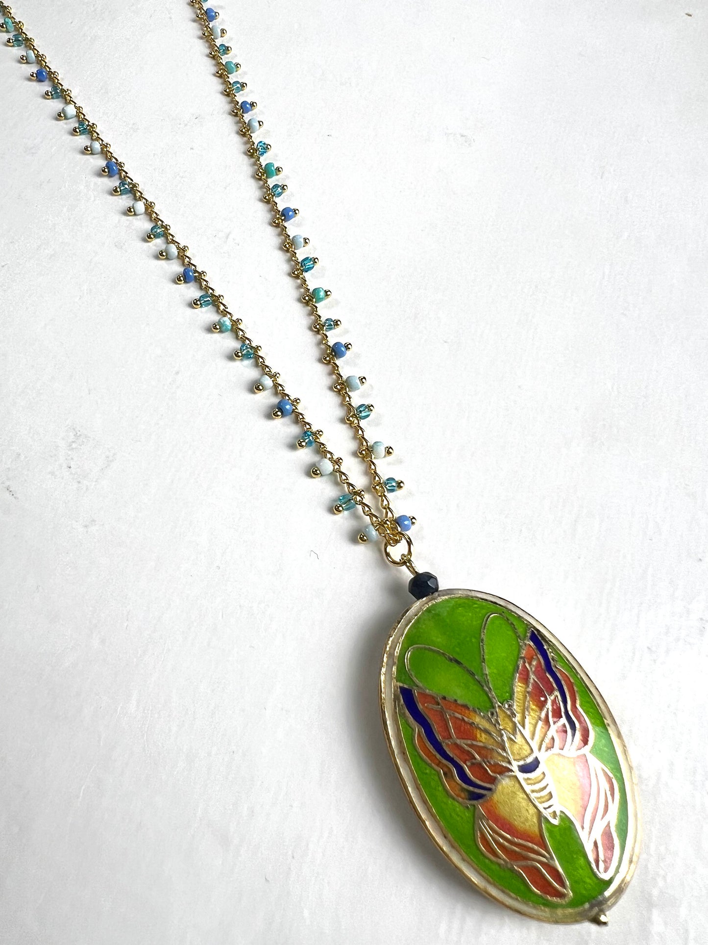 Traditional Cloisonné Pendant Vintage Butterfly Focal with matching Gold Beaded Chain 22” Necklace .Orange green pendant and blue green