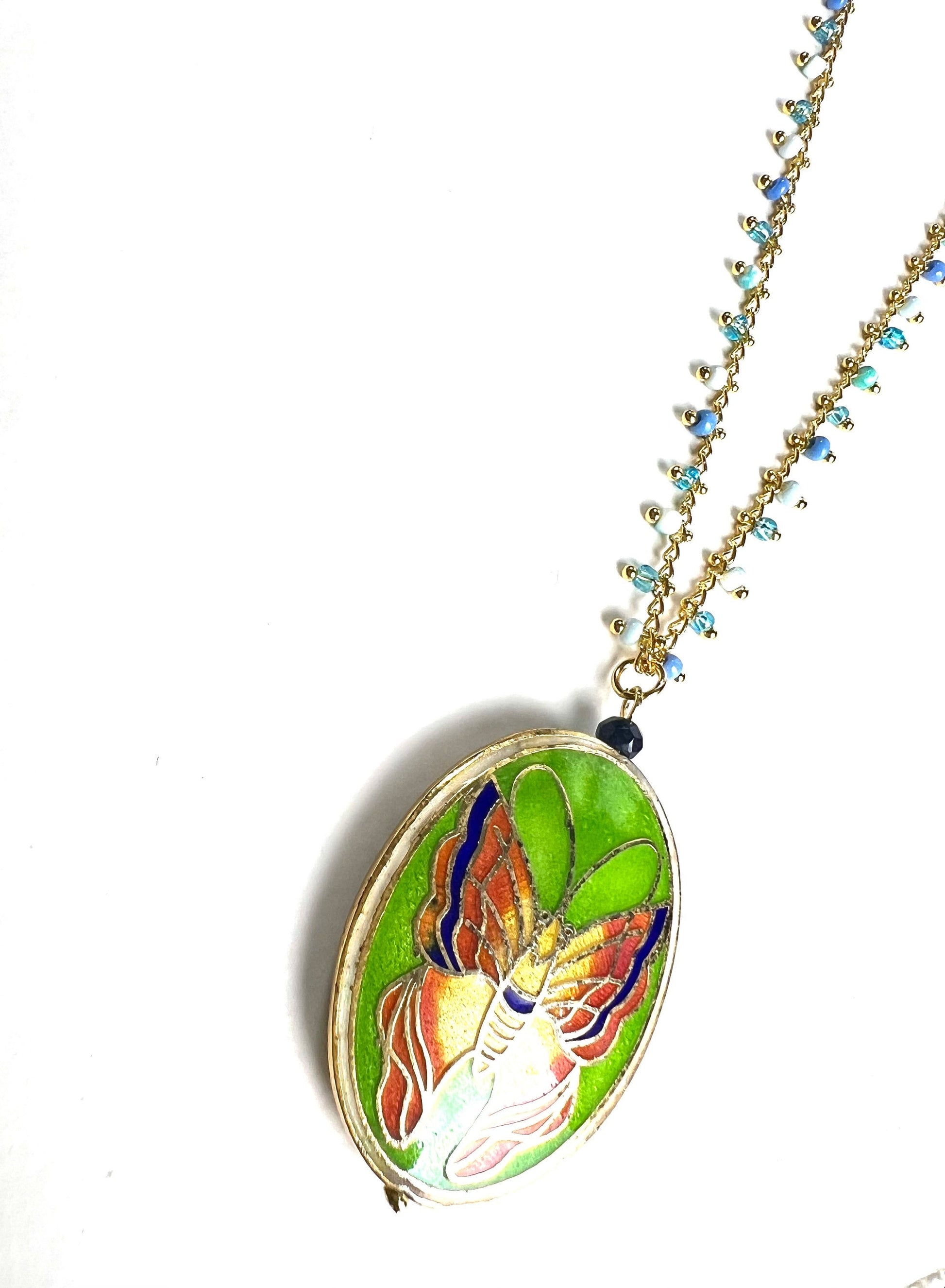 Traditional Cloisonné Pendant Vintage Butterfly Focal with matching Gold Beaded Chain 22” Necklace .Orange green pendant and blue green