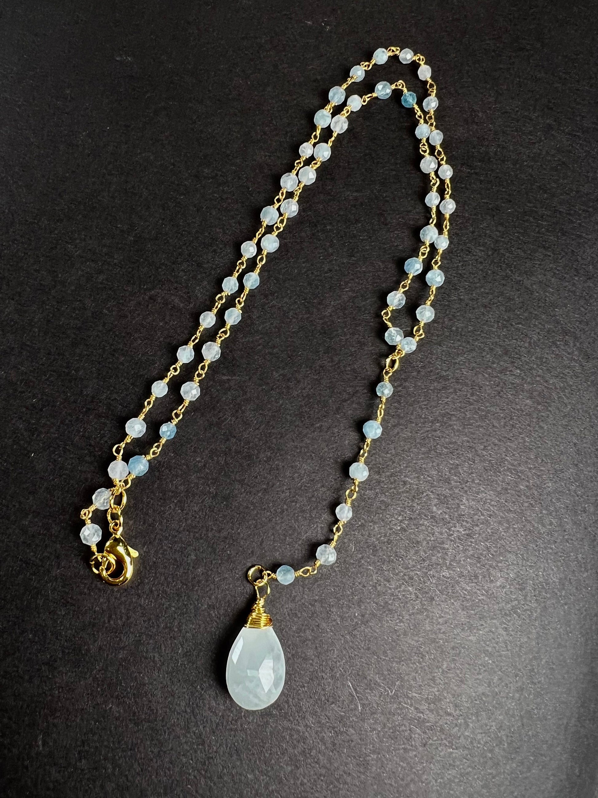 Aquamarine Y Necklace , Natural Aquamarine Faceted 12x18mm Drop with Aquamarine wire wrapped gold chain .