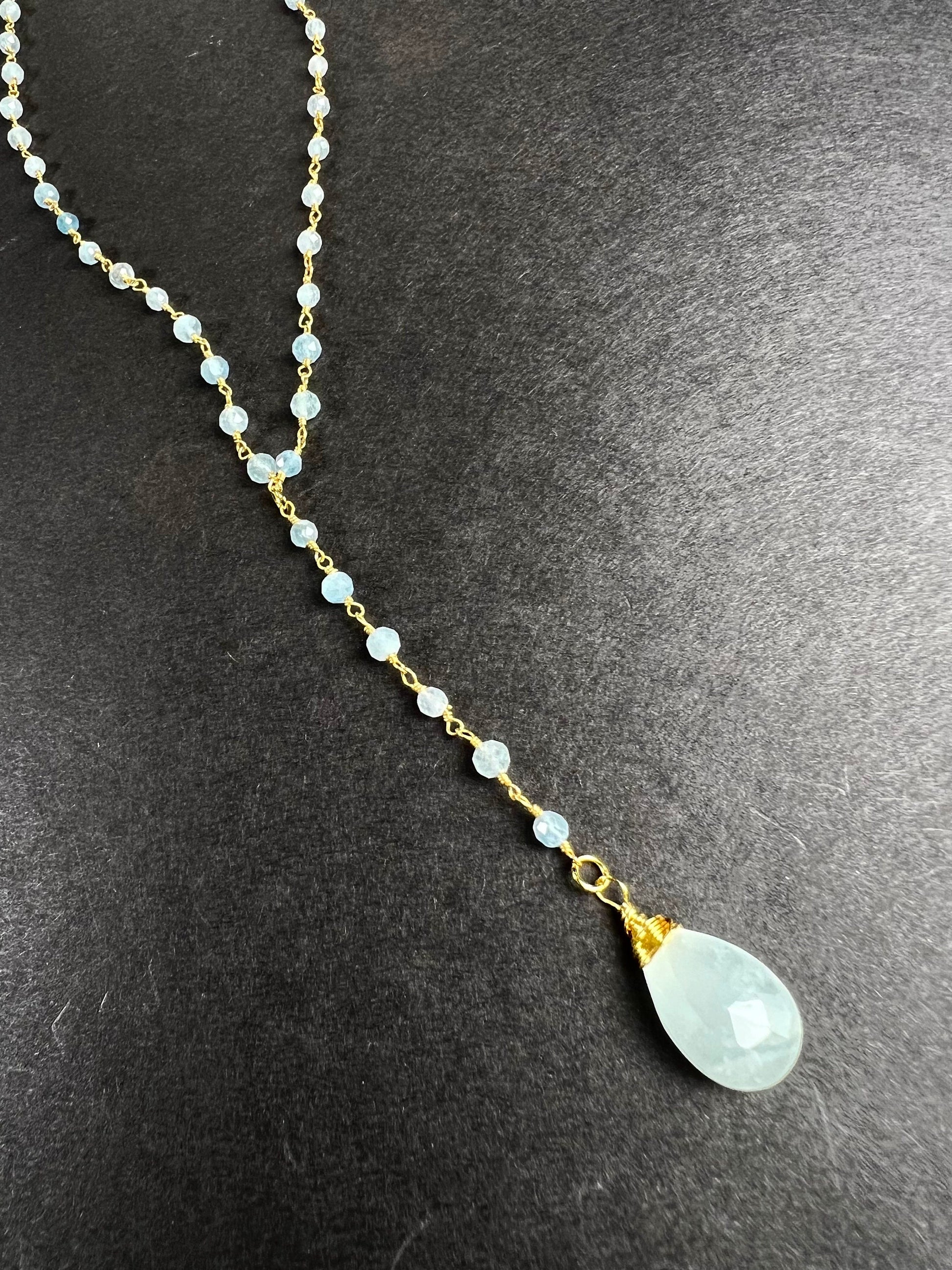 Aquamarine Y Necklace , Natural Aquamarine Faceted 12x18mm Drop with Aquamarine wire wrapped gold chain .