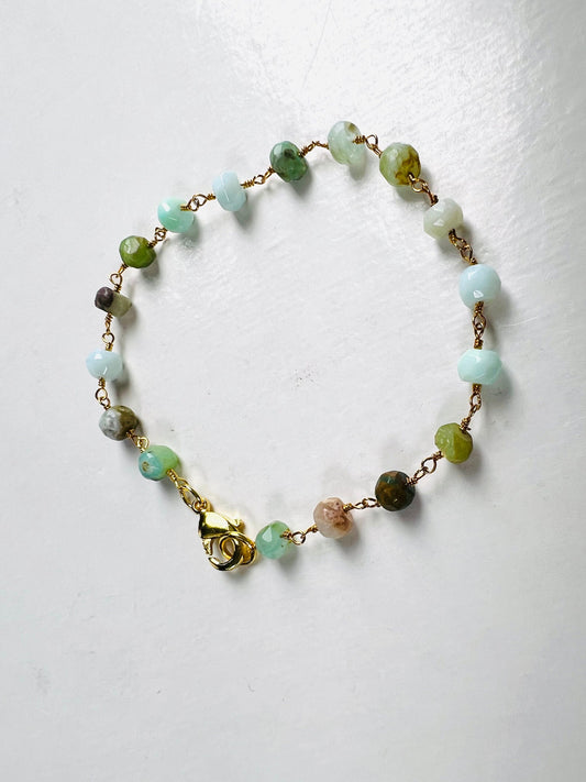 Natural Peruvian opal 5-6mm faceted roundel wire wrapped beaded gold bracelet