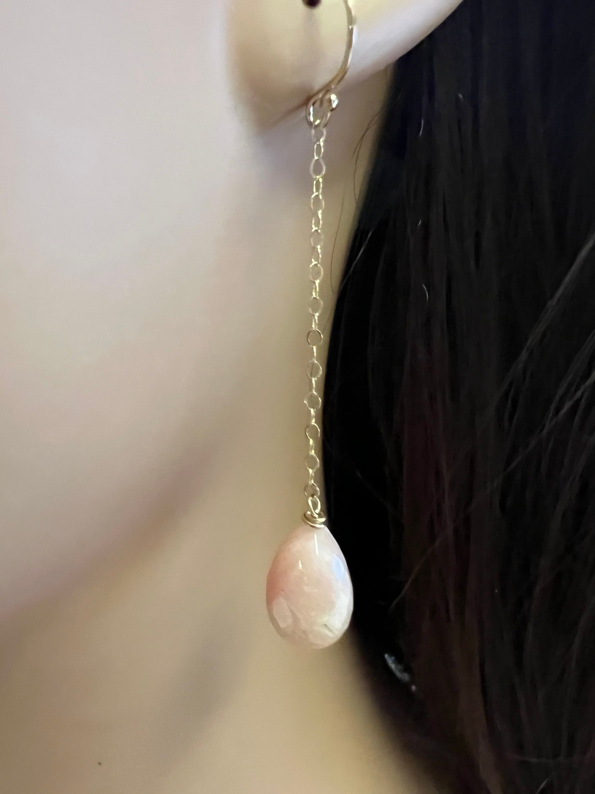 Pink Opal Dangling Briolette tear Drop 8x12mm with 14K Gold Filled or 925 Sterling Silver Chain & Ear Wire, Soothing Gem