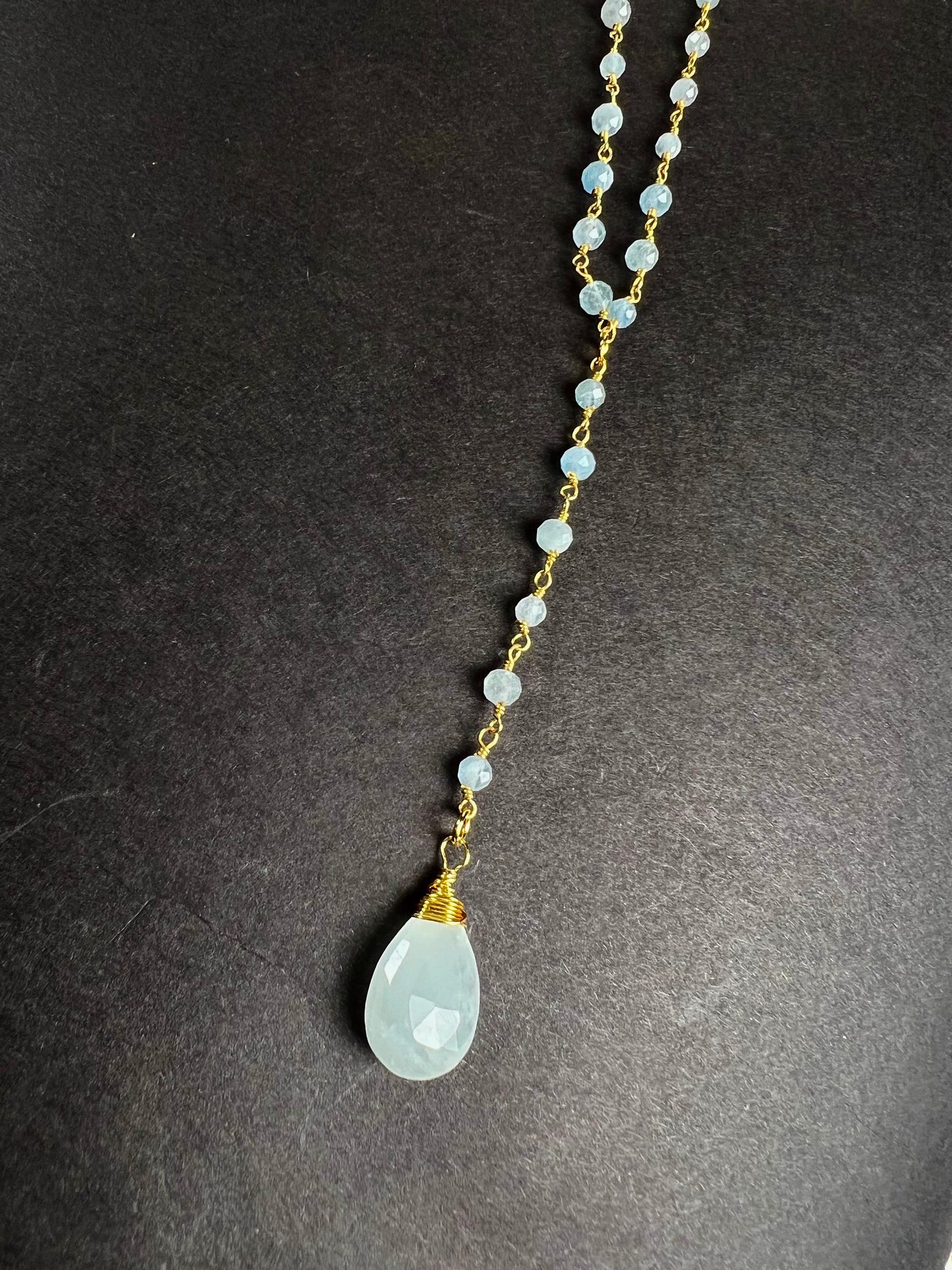 Aquamarine Y Necklace , Natural Aquamarine Faceted 12x18mm Drop with Aquamarine wire wrapped gold chain .